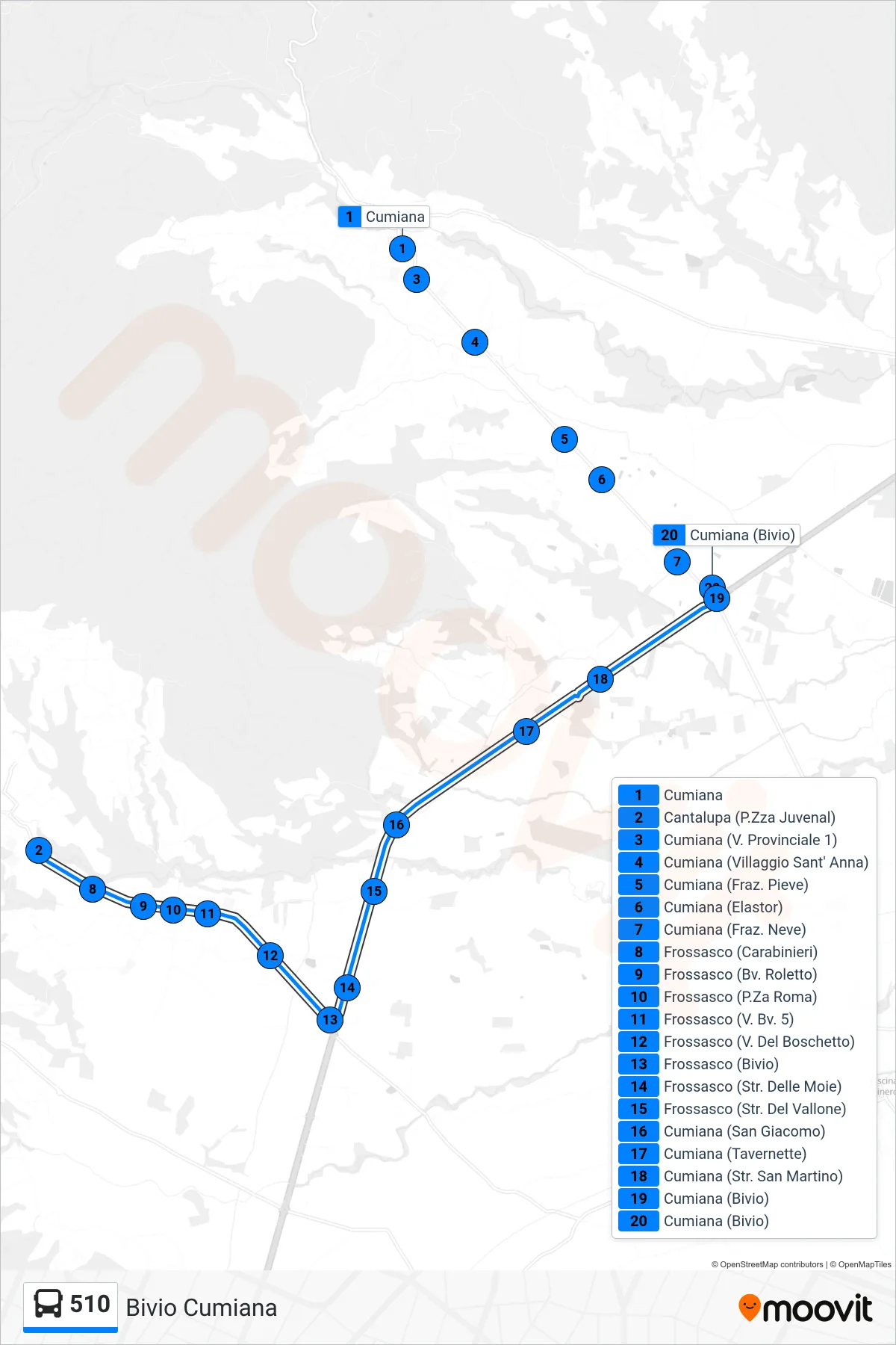 Linea 510 bus (Bivio Cumiana) - Percorsi e fermate sulla mappa