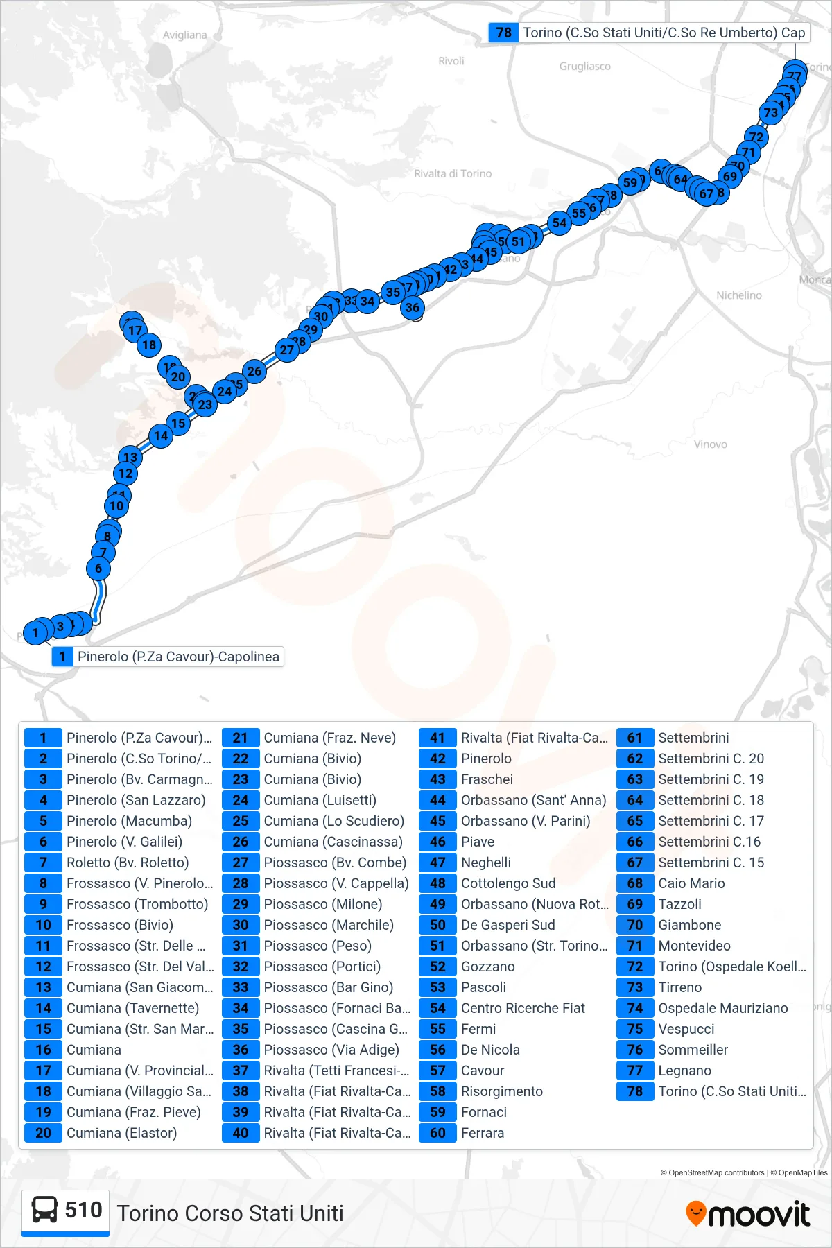 Linea 510  bus (Torino Corso Stati Uniti) - Percorsi e fermate sulla mappa