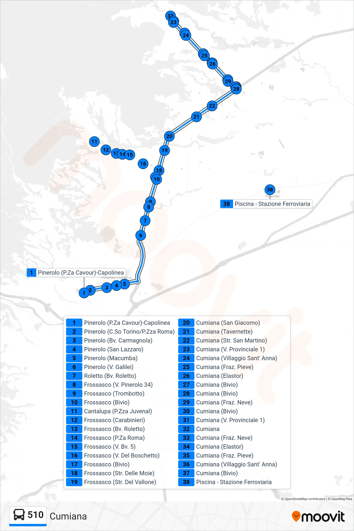 Linea 510 bus (Cumiana) - Percorsi e fermate sulla mappa