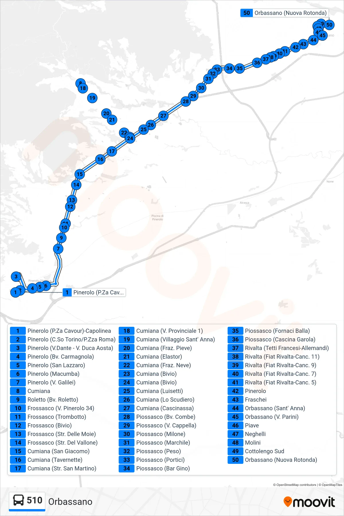 Linea 510 bus (Orbassano) - Percorsi e fermate sulla mappa