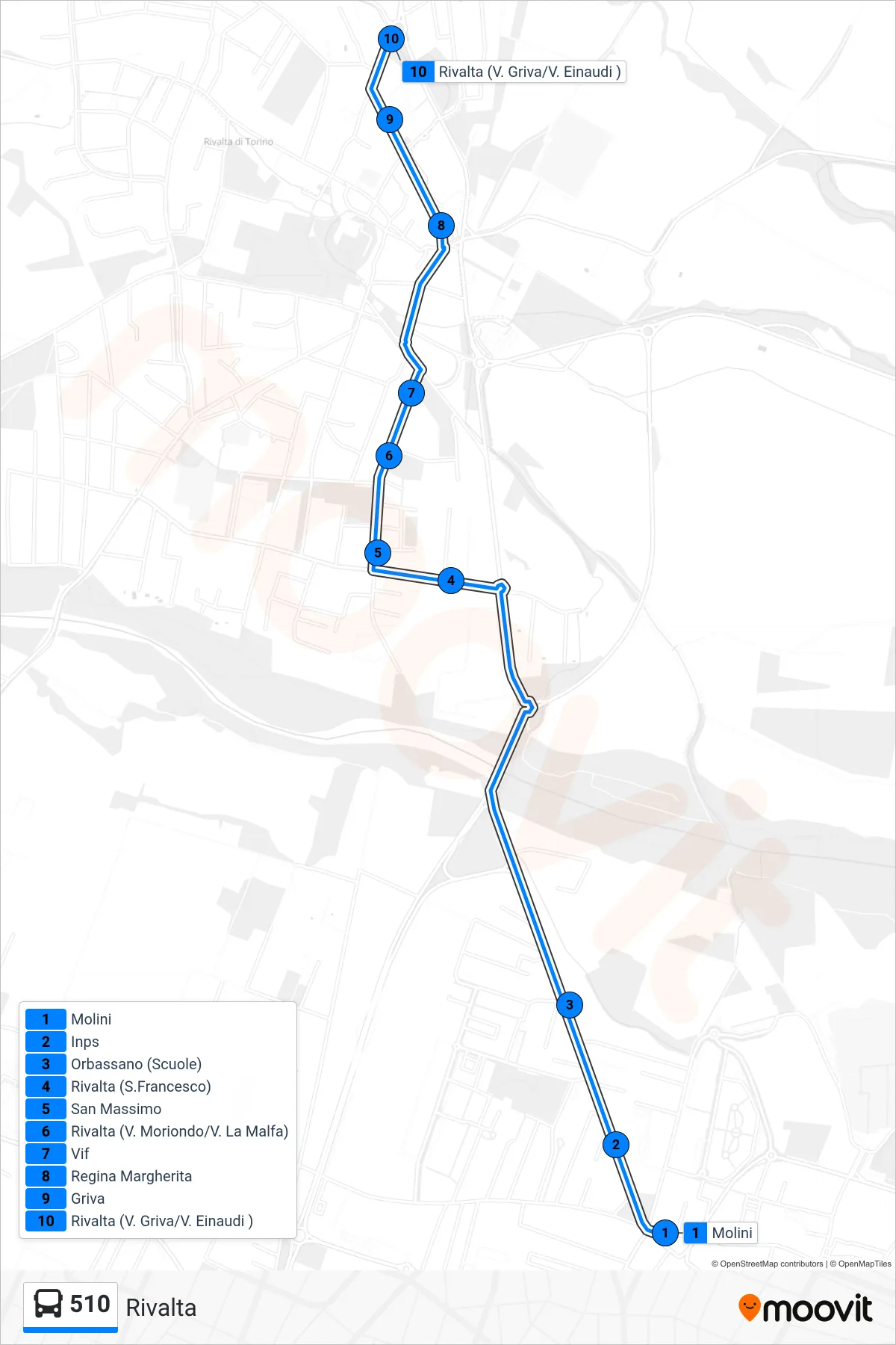 Linea 510  bus (Rivalta) - Percorsi e fermate sulla mappa