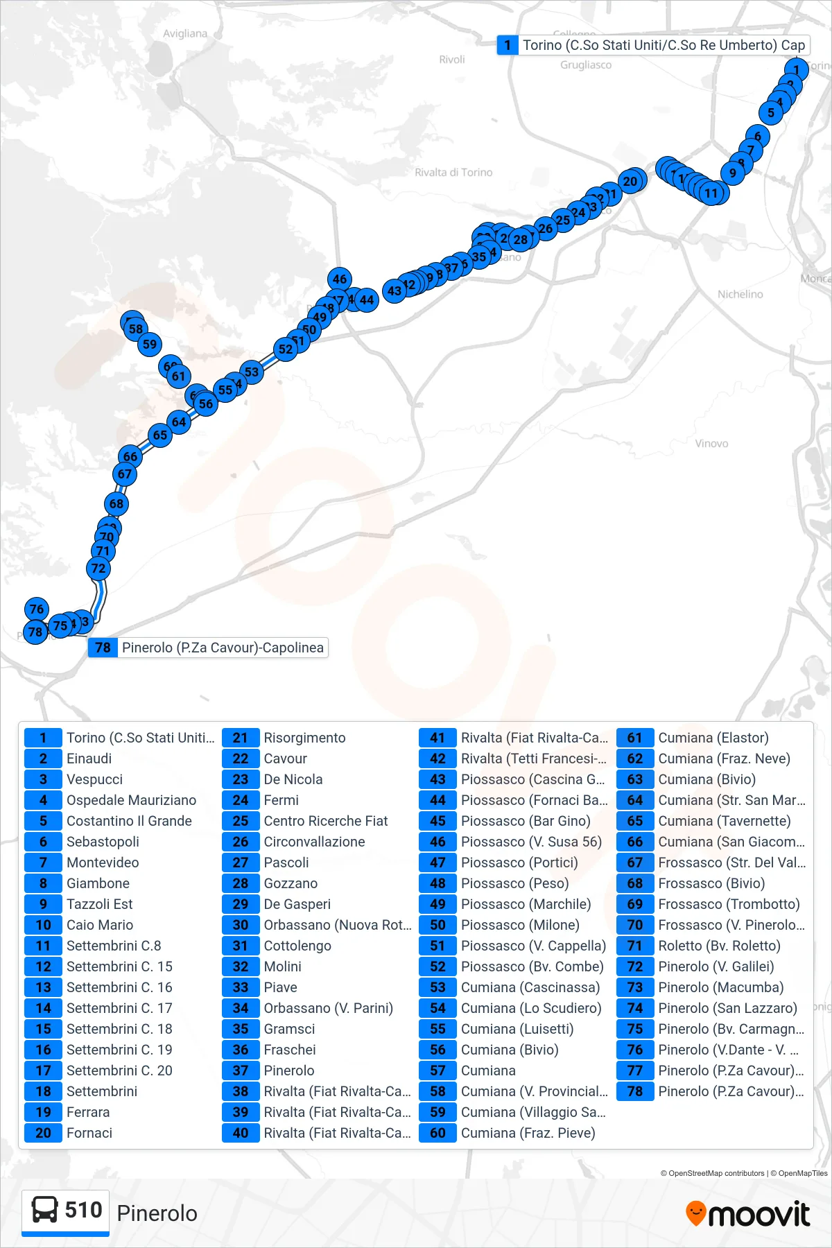510 bus Line (Pinerolo) route and stops on a map