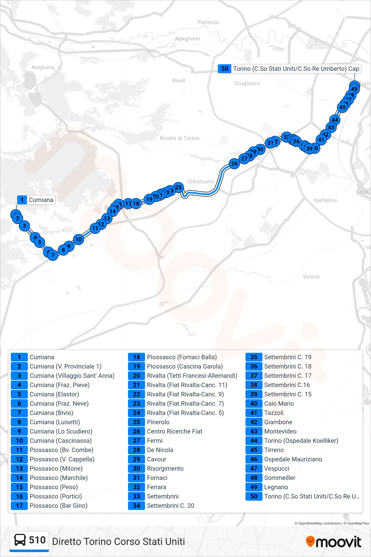 510 bus Line (Direct to Turin Corso Stati Uniti) route and stops on a map