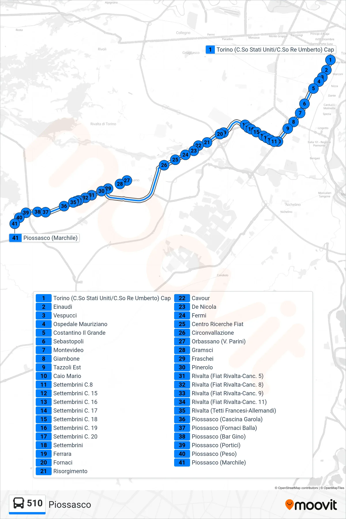 Linea 510 bus (Piossasco) - Percorsi e fermate sulla mappa