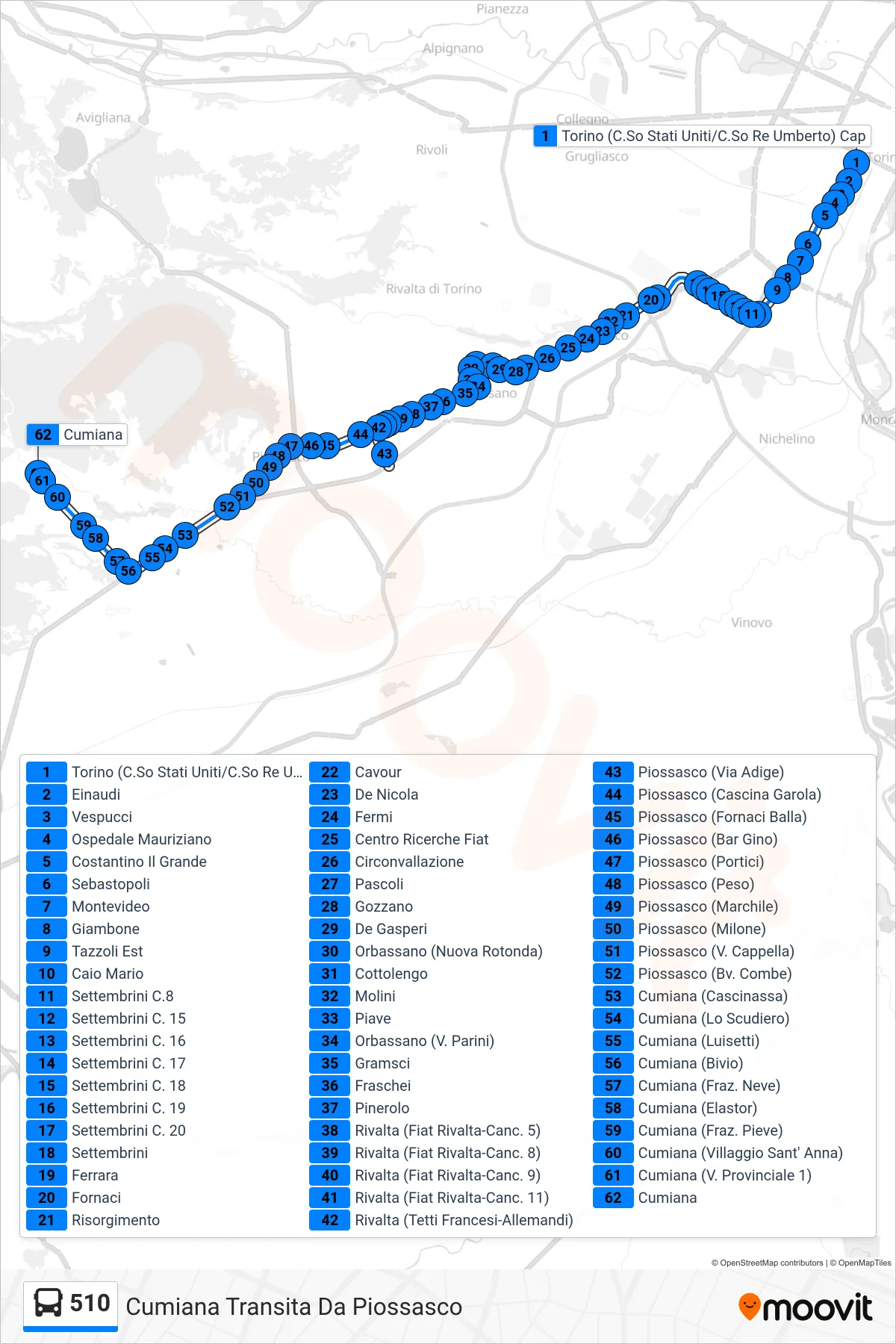 Linea 510 bus (Cumiana Transita Da Piossasco) - Percorsi e fermate sulla mappa