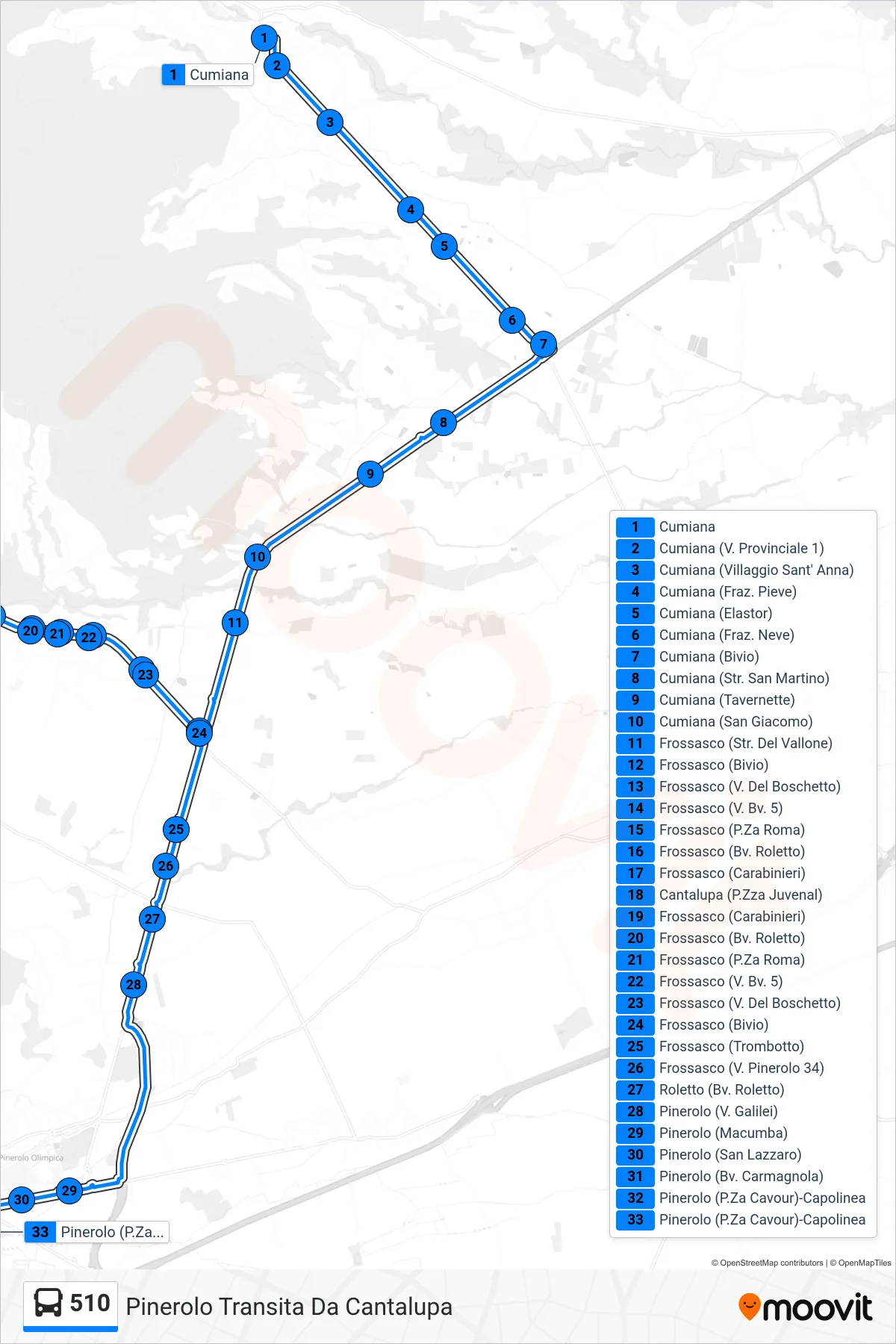 Linea 510  bus (Pinerolo Transita Da Cantalupa) - Percorsi e fermate sulla mappa