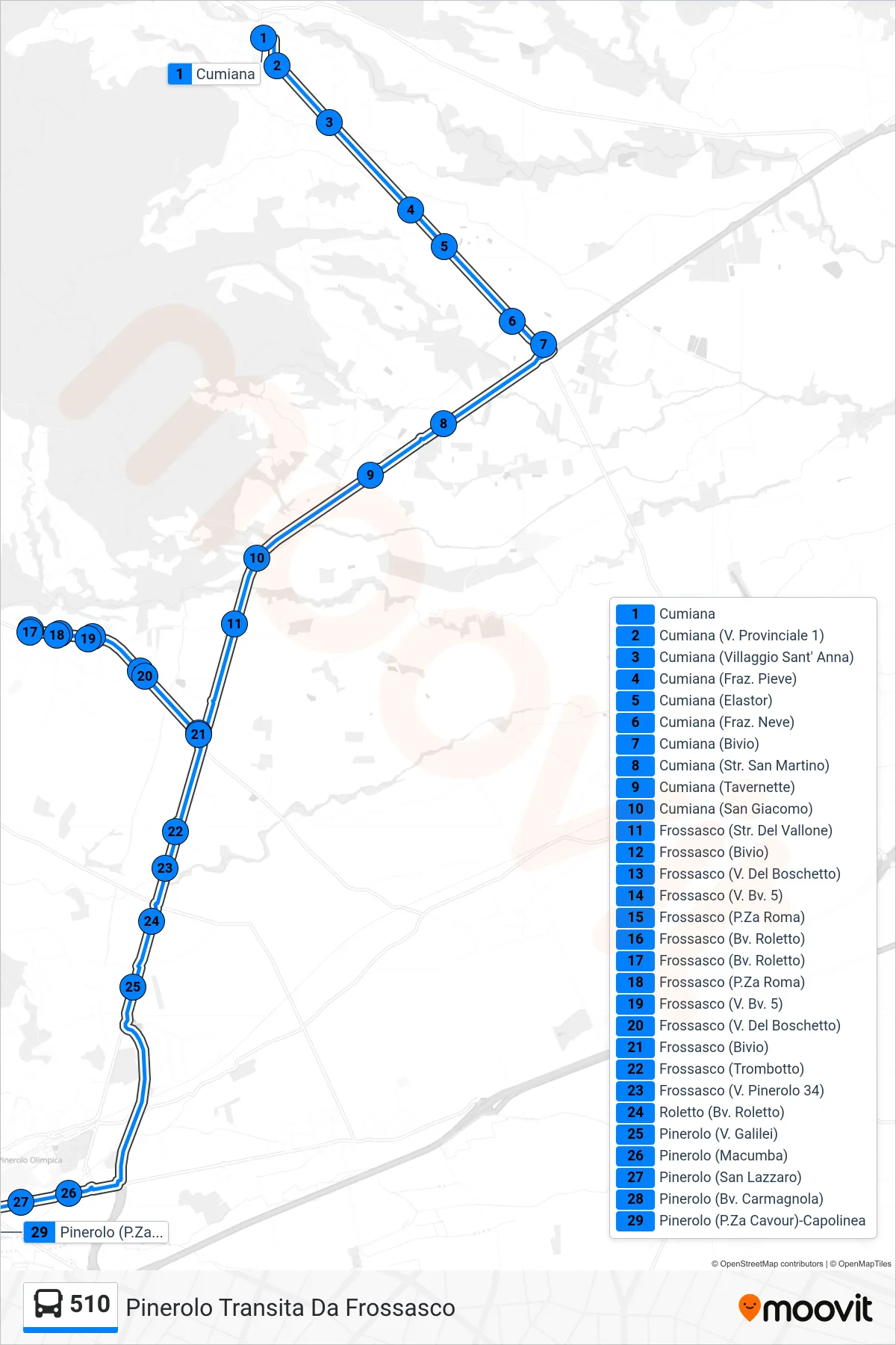 Linea 510  bus (Pinerolo Transita Da Frossasco) - Percorsi e fermate sulla mappa