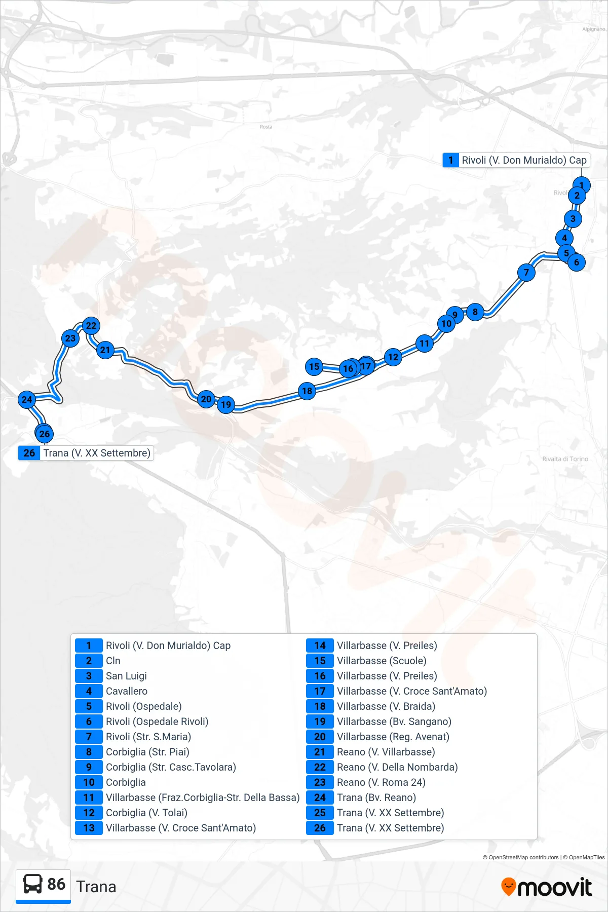 Linea 86  bus (Trana) - Percorsi e fermate sulla mappa