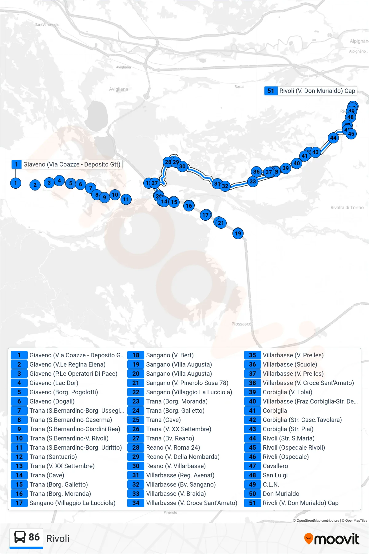 Linea 86 bus (Rivoli) - Percorsi e fermate sulla mappa