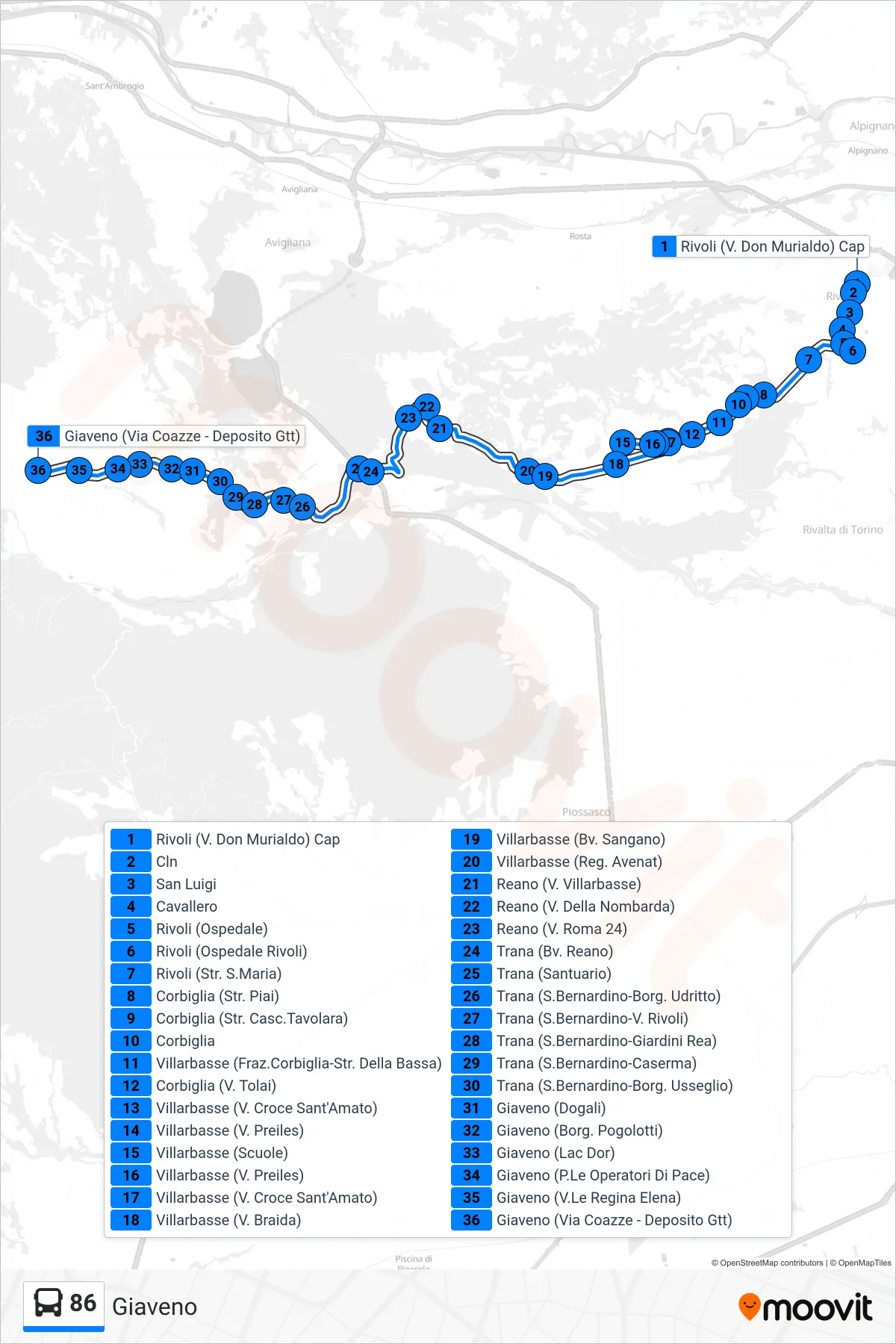 Linea 86 bus (Giaveno) - Percorsi e fermate sulla mappa