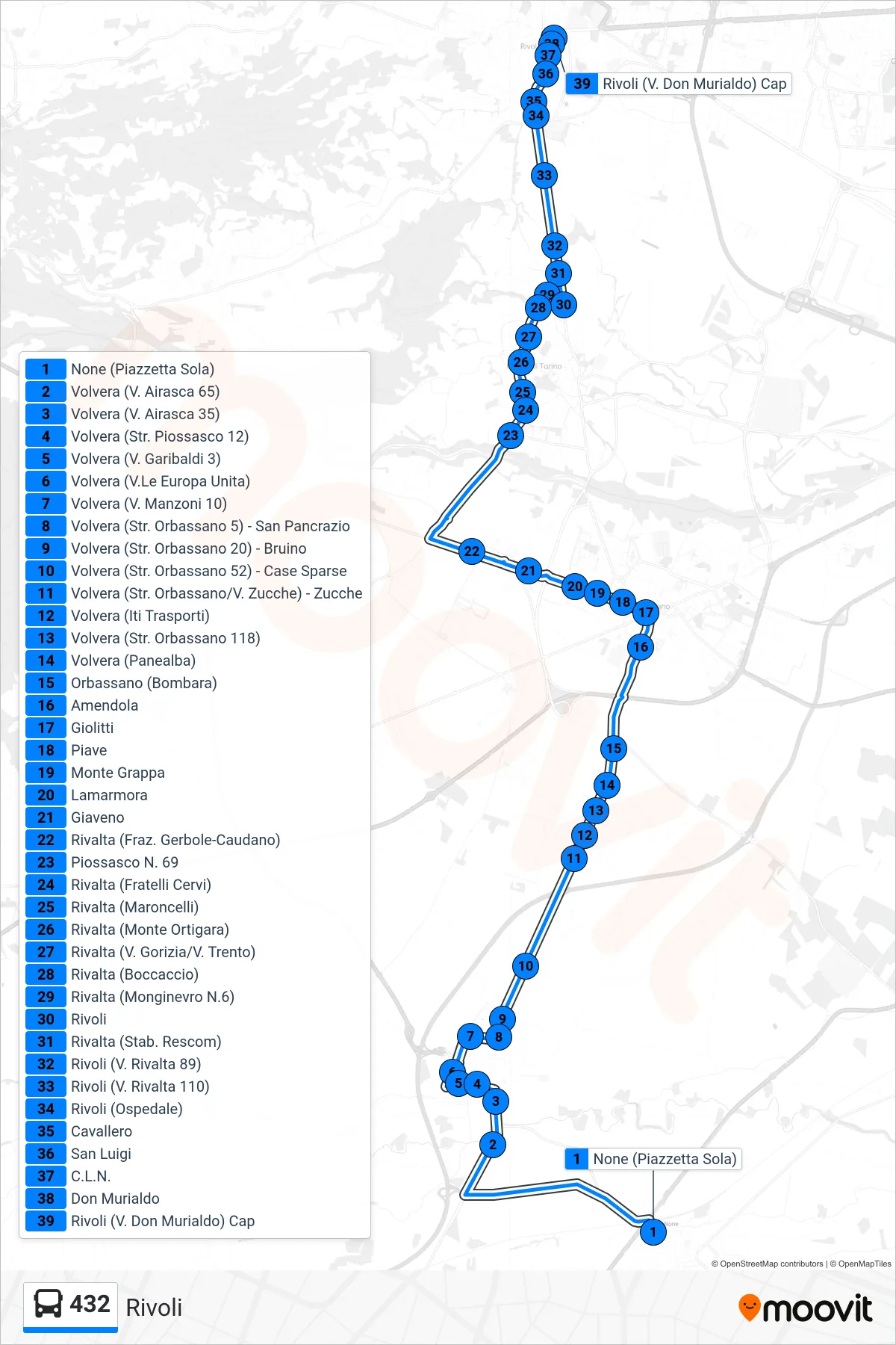Linea 432 bus (Rivoli) - Percorsi e fermate sulla mappa