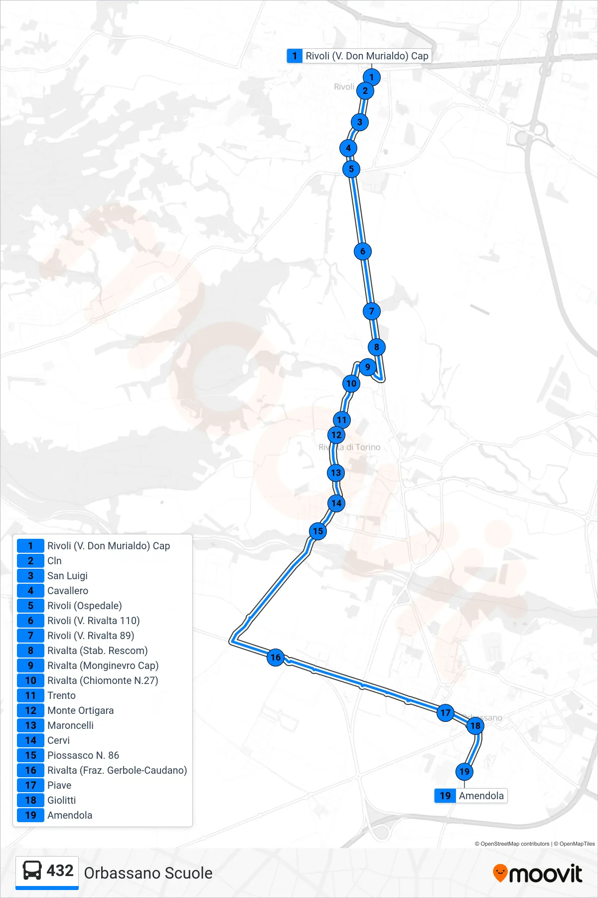 Linea 432  bus (Orbassano Scuole) - Percorsi e fermate sulla mappa