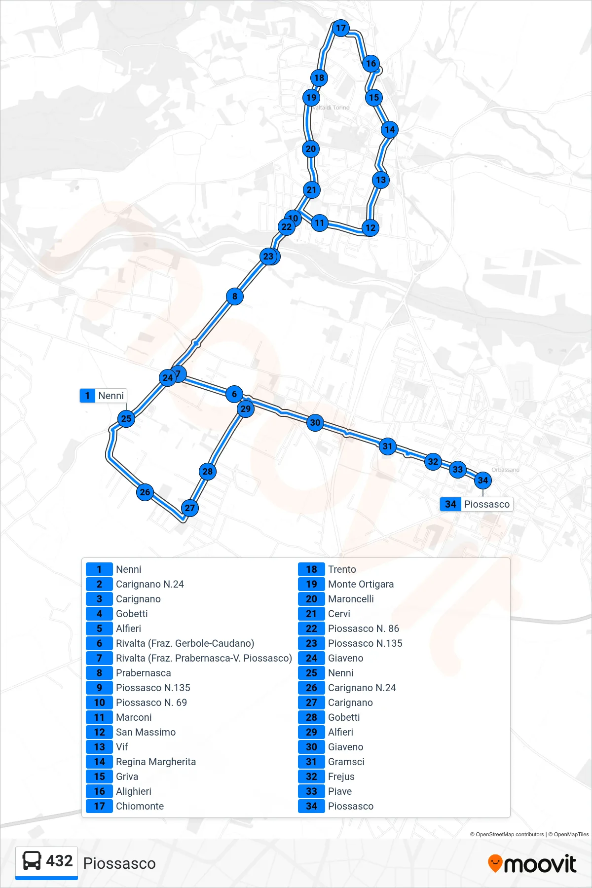Linea 432 bus (Piossasco) - Percorsi e fermate sulla mappa