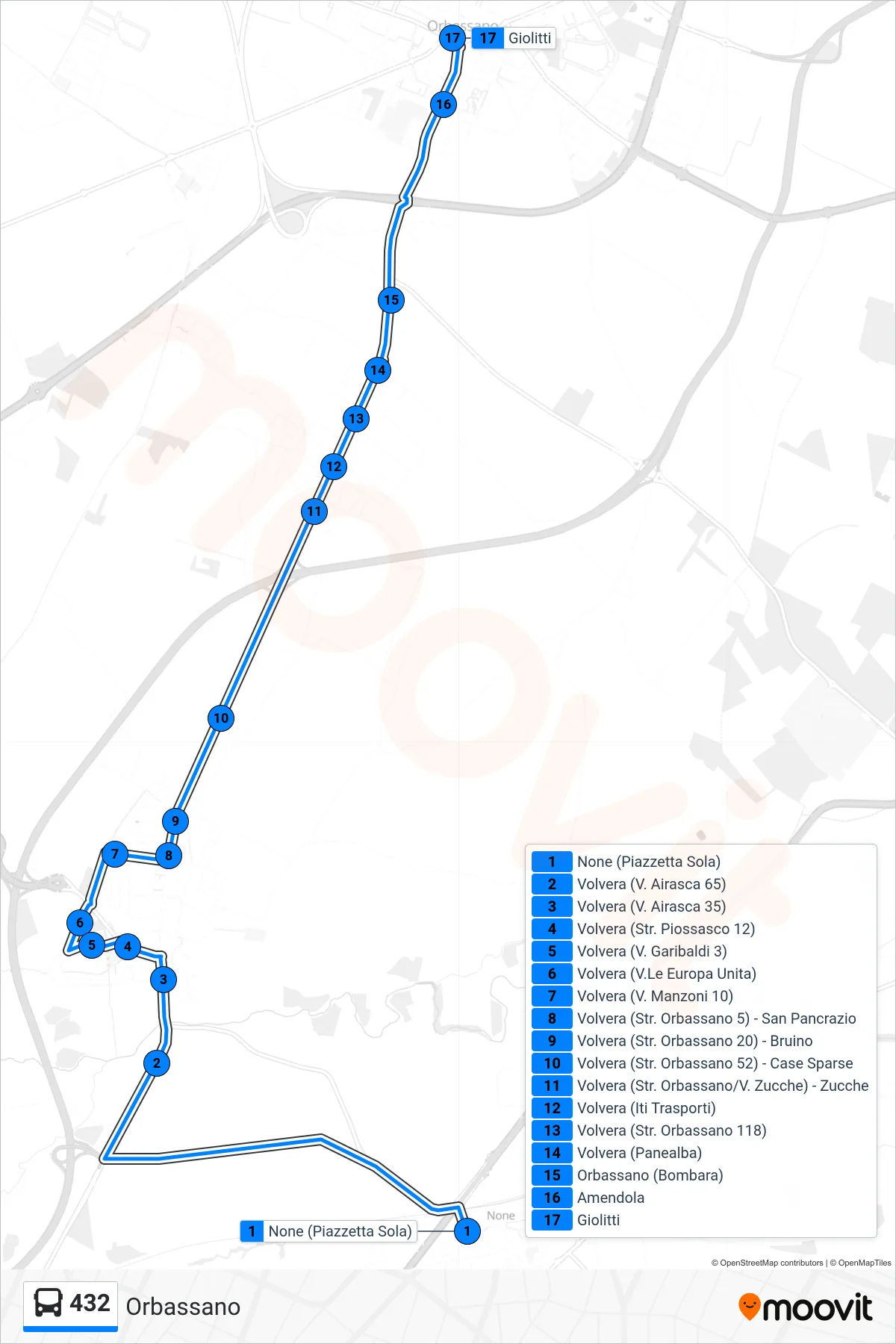 Linea 432 bus (Orbassano) - Percorsi e fermate sulla mappa