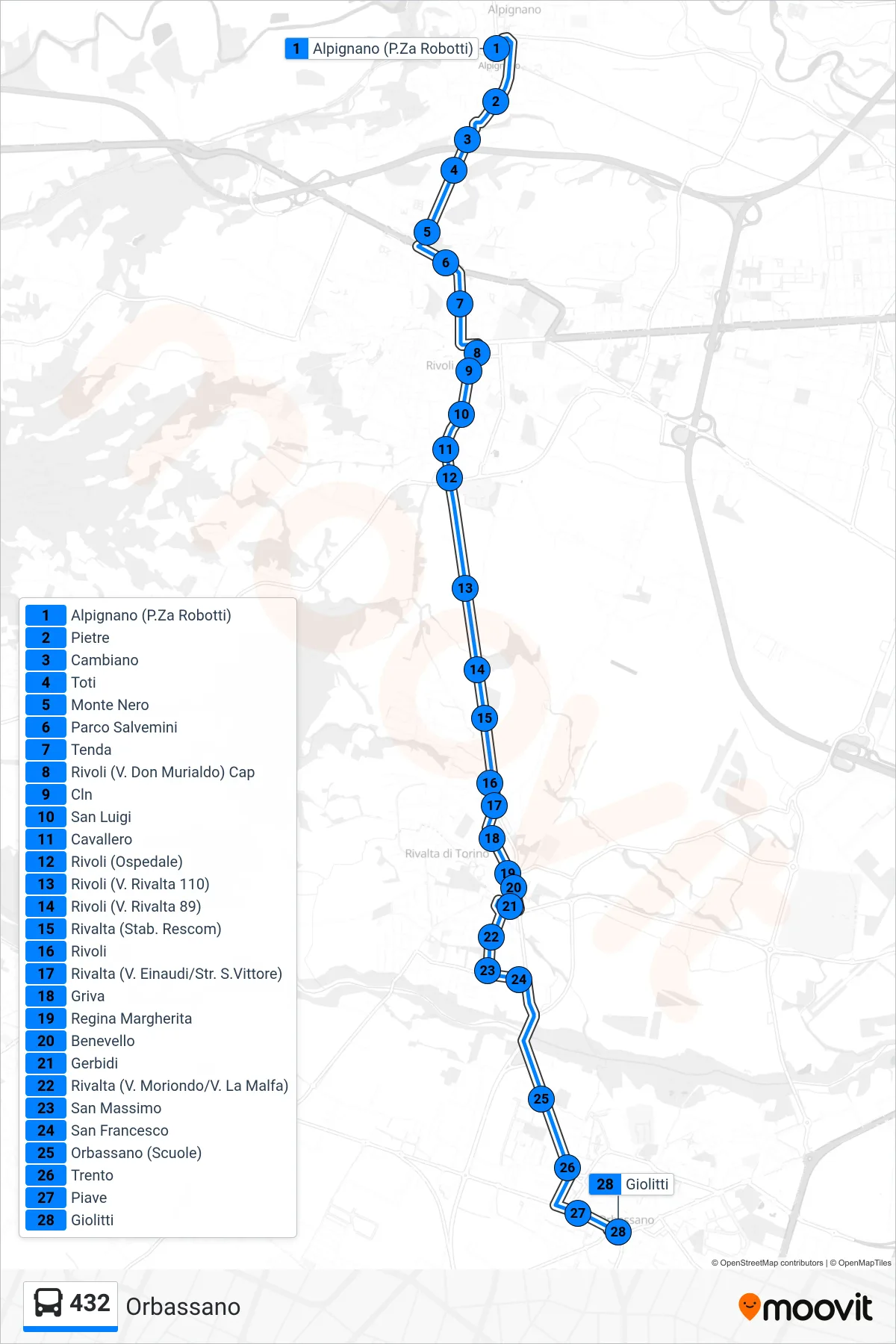 Linea 432  bus (Orbassano) - Percorsi e fermate sulla mappa