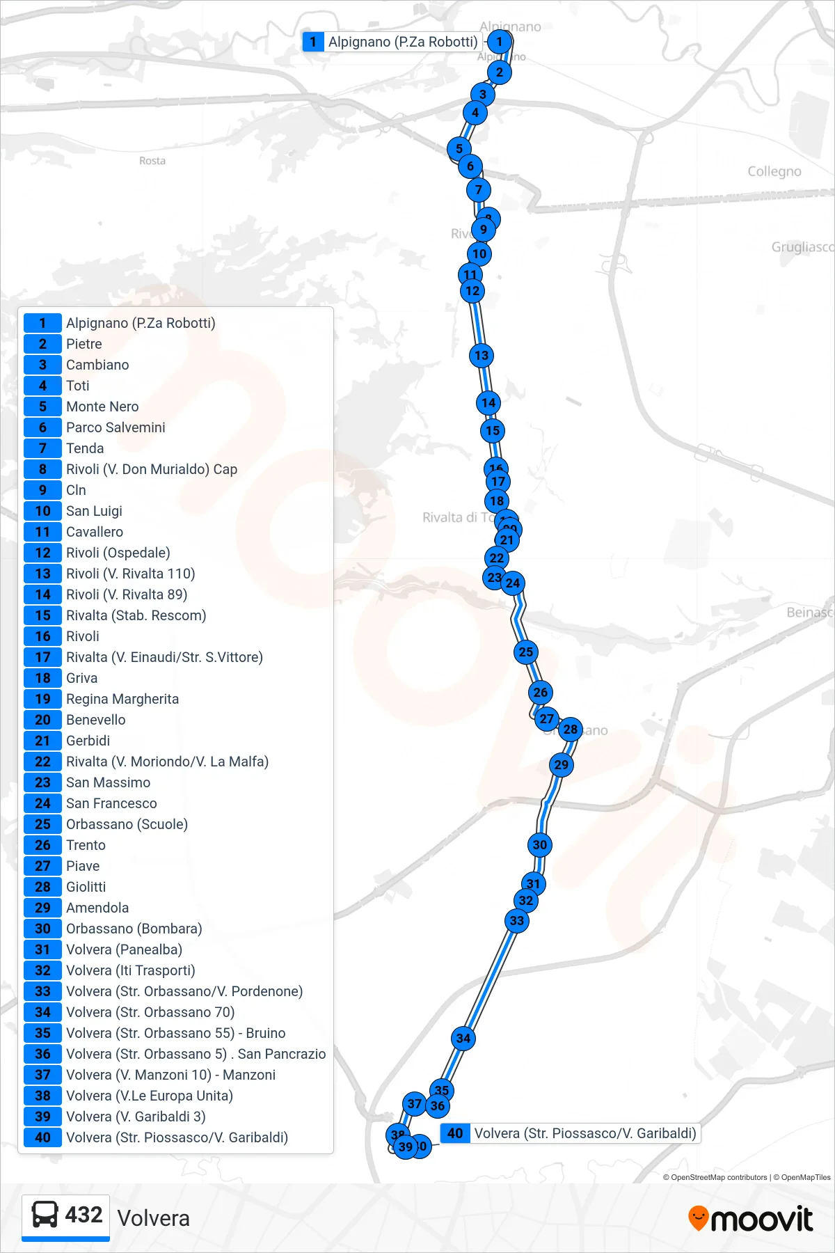 Linea 432  bus (Volvera) - Percorsi e fermate sulla mappa