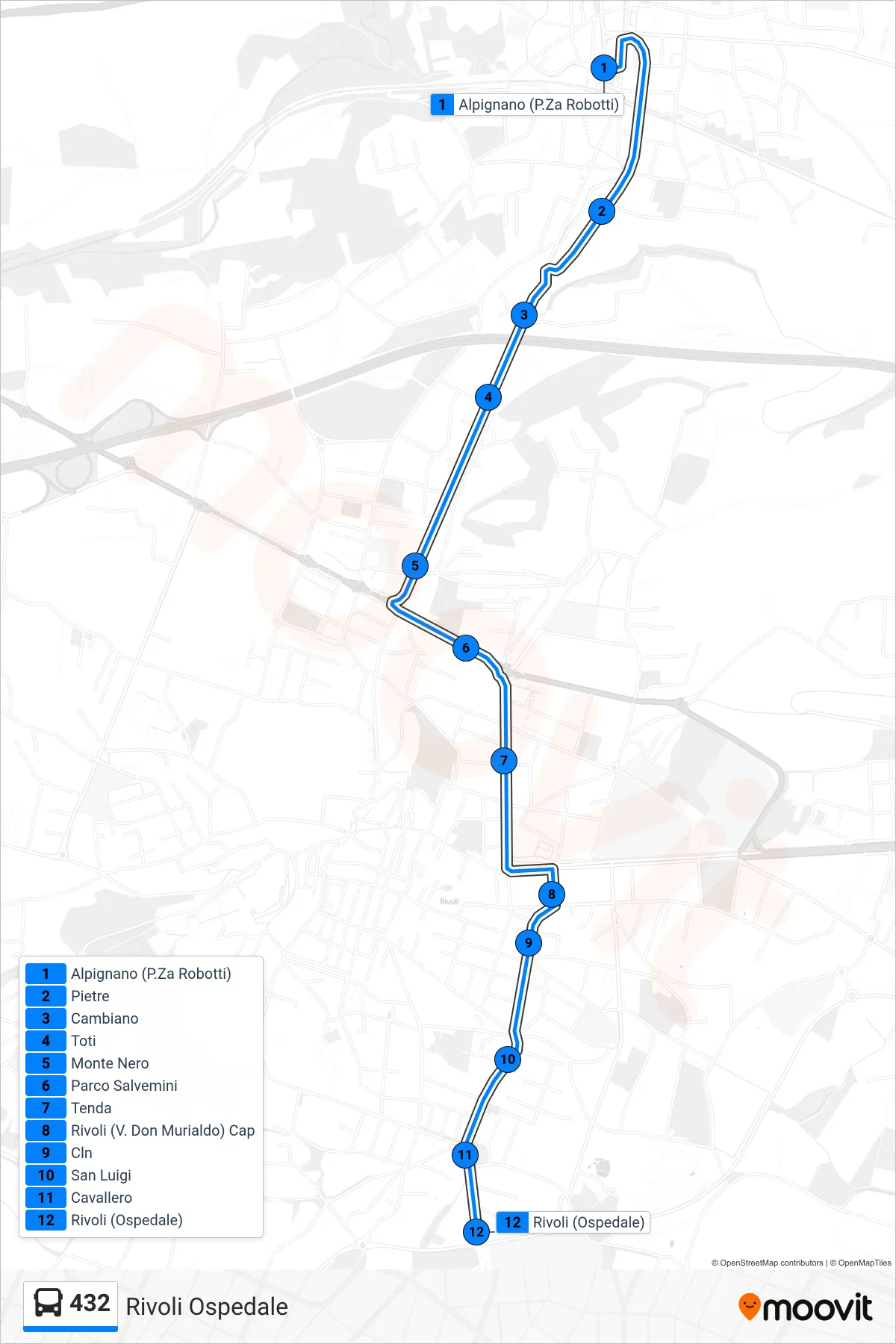 Linea 432 bus (Rivoli Ospedale) - Percorsi e fermate sulla mappa