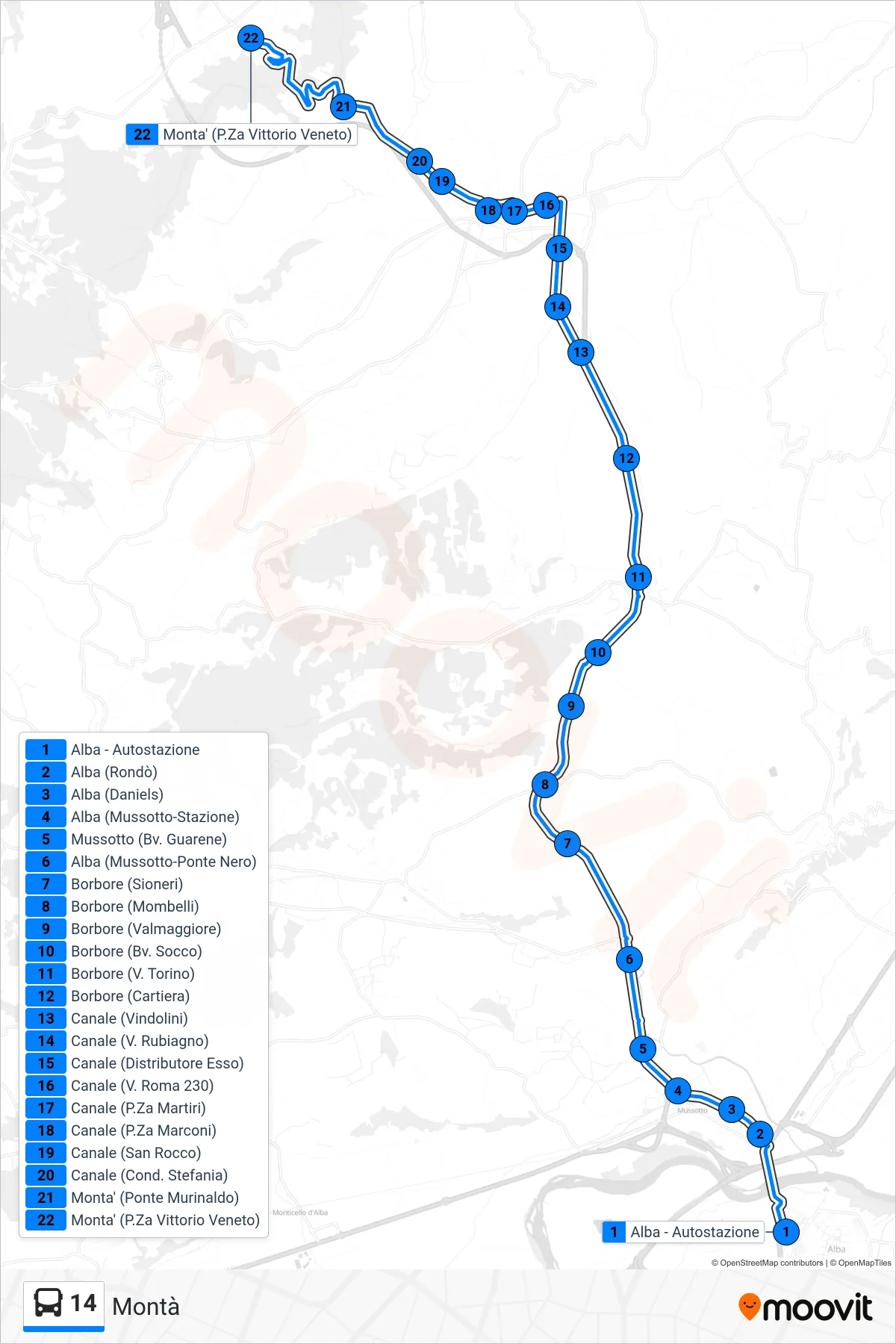 Linea 14 bus (Montà) - Percorsi e fermate sulla mappa