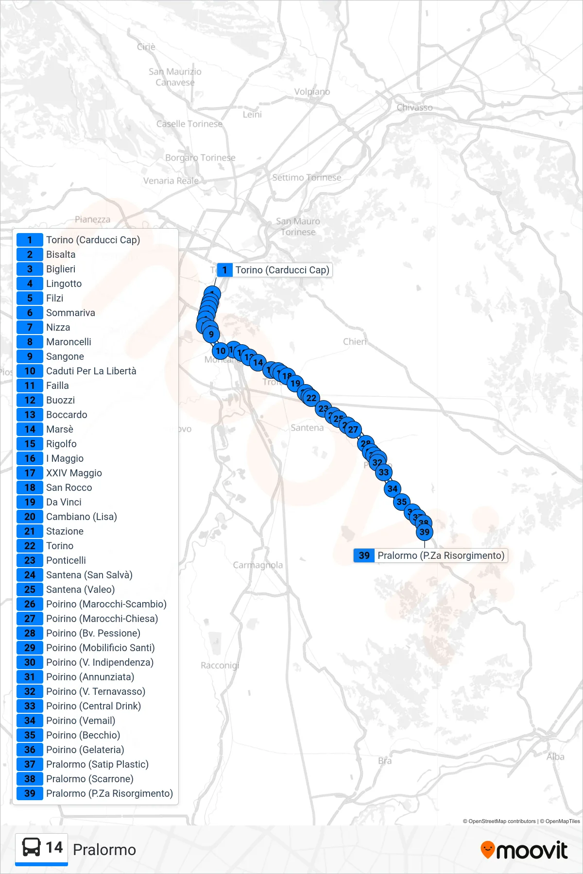 Linea 14 bus (Pralormo) - Percorsi e fermate sulla mappa