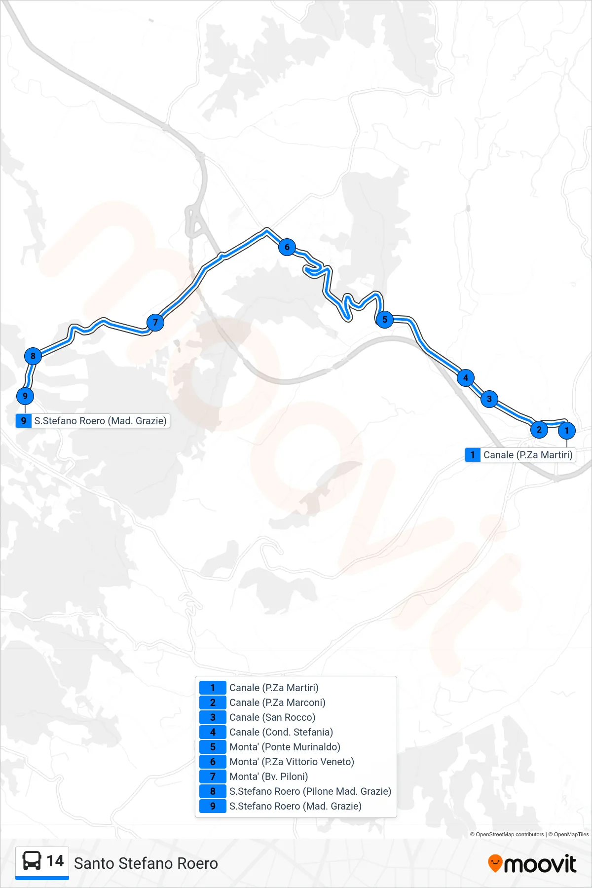 Linea 14 bus (Santo Stefano Roero) - Percorsi e fermate sulla mappa