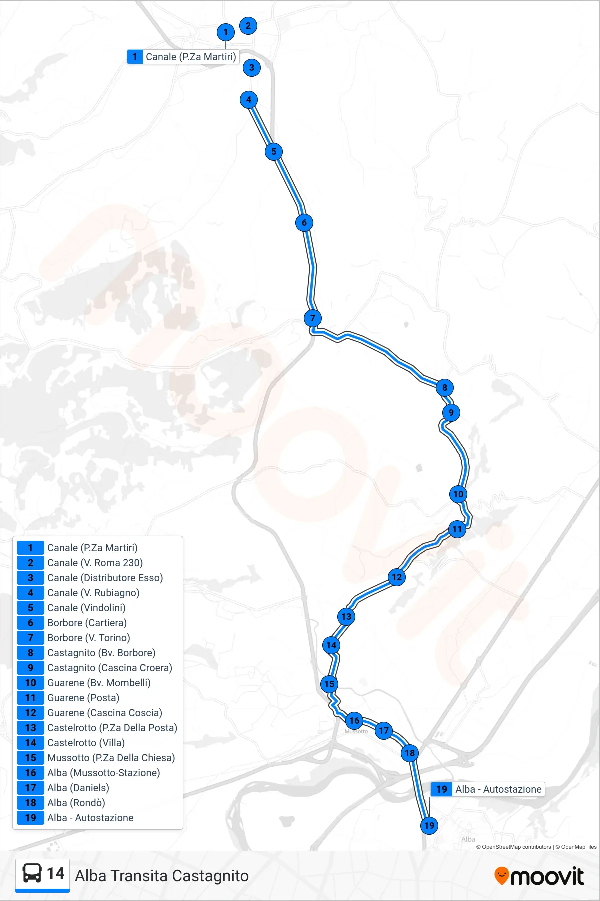 Linea 14 bus (Alba Transita Castagnito) - Percorsi e fermate sulla mappa