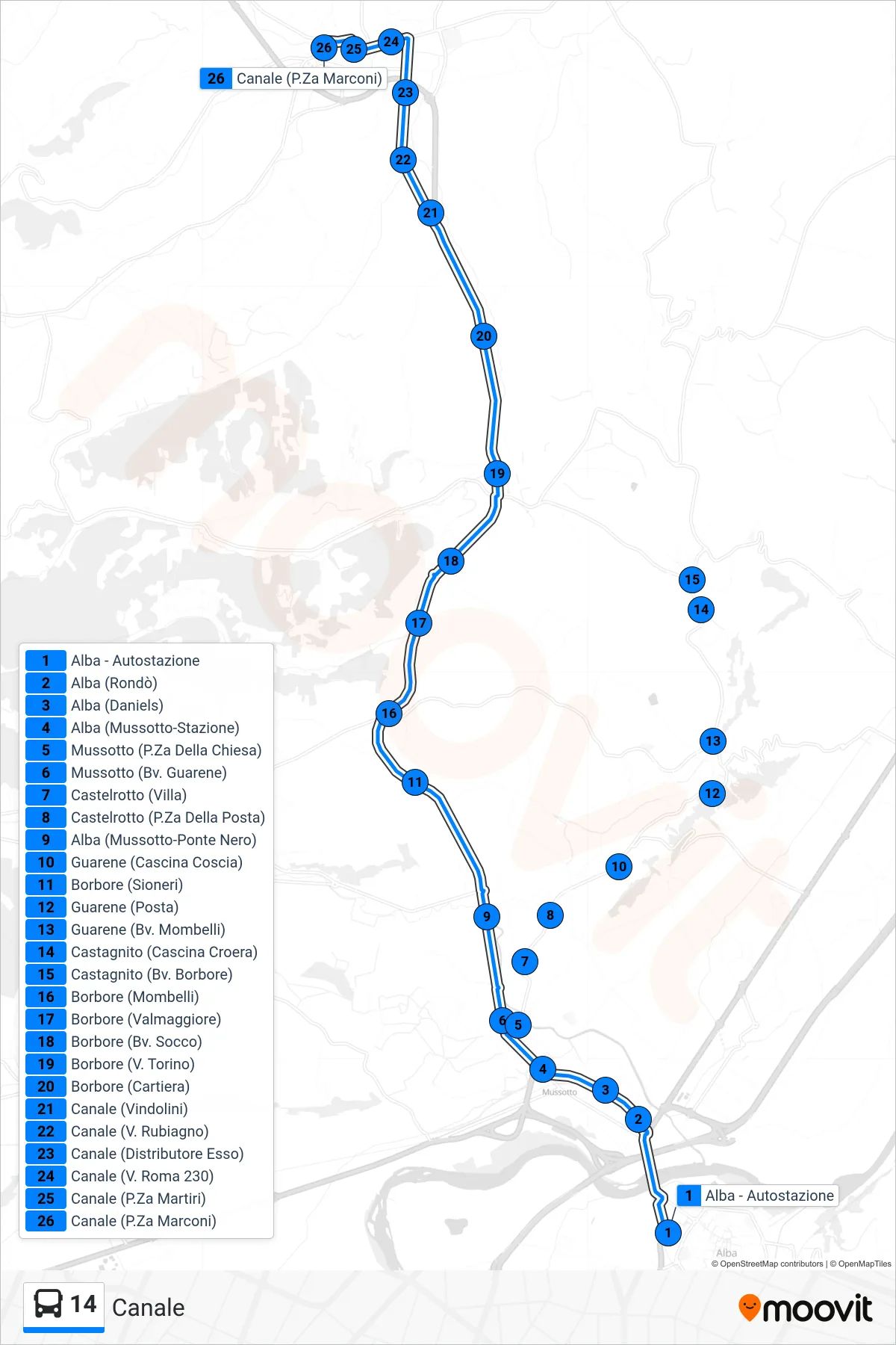 14 bus Line (Channel) route and stops on a map