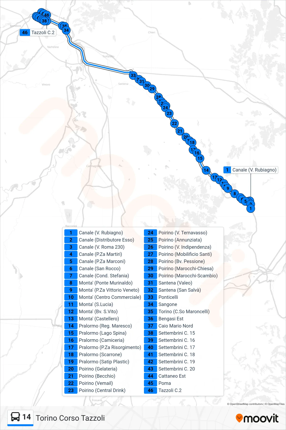 Linea 14  bus (Torino Corso Tazzoli) - Percorsi e fermate sulla mappa