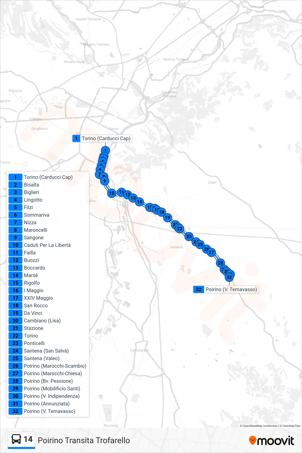 Linea 14 bus (Poirino Transita Trofarello) - Percorsi e fermate sulla mappa