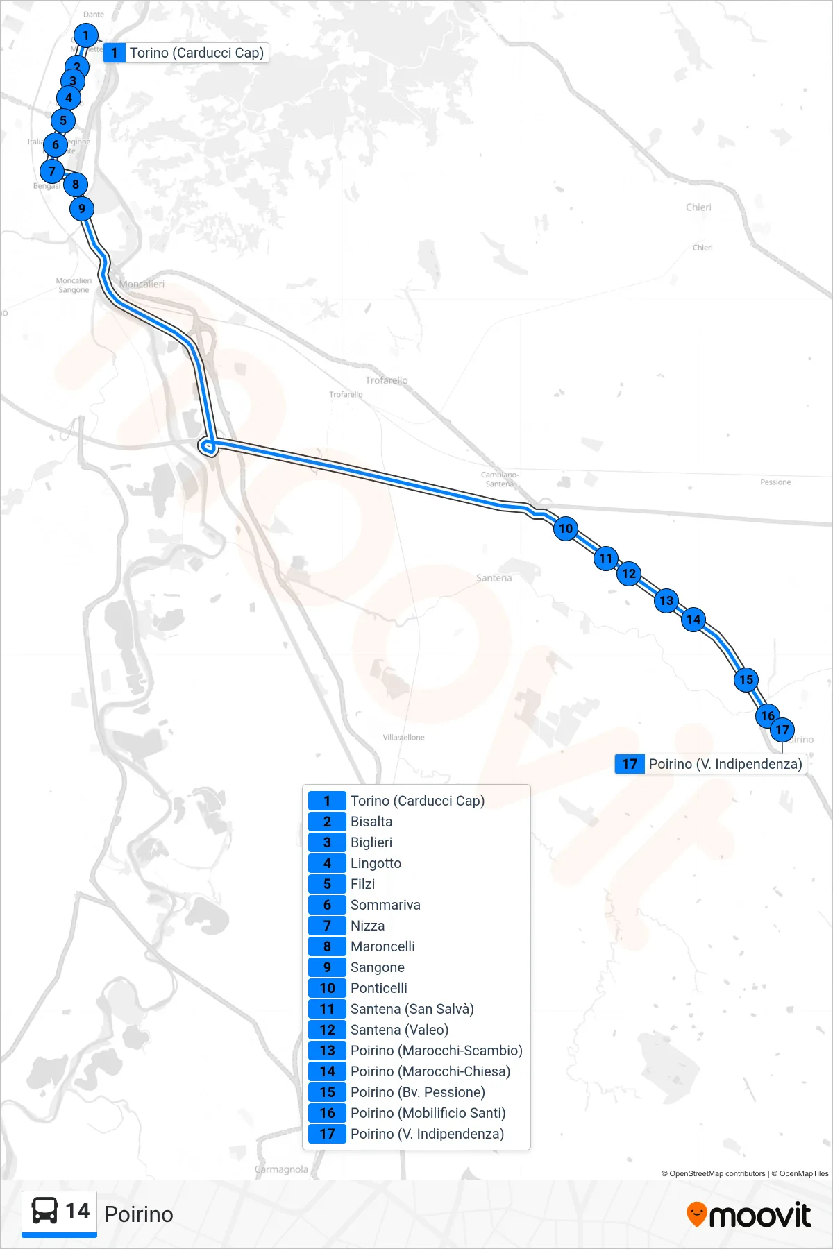 Linea 14 bus (Poirino) - Percorsi e fermate sulla mappa