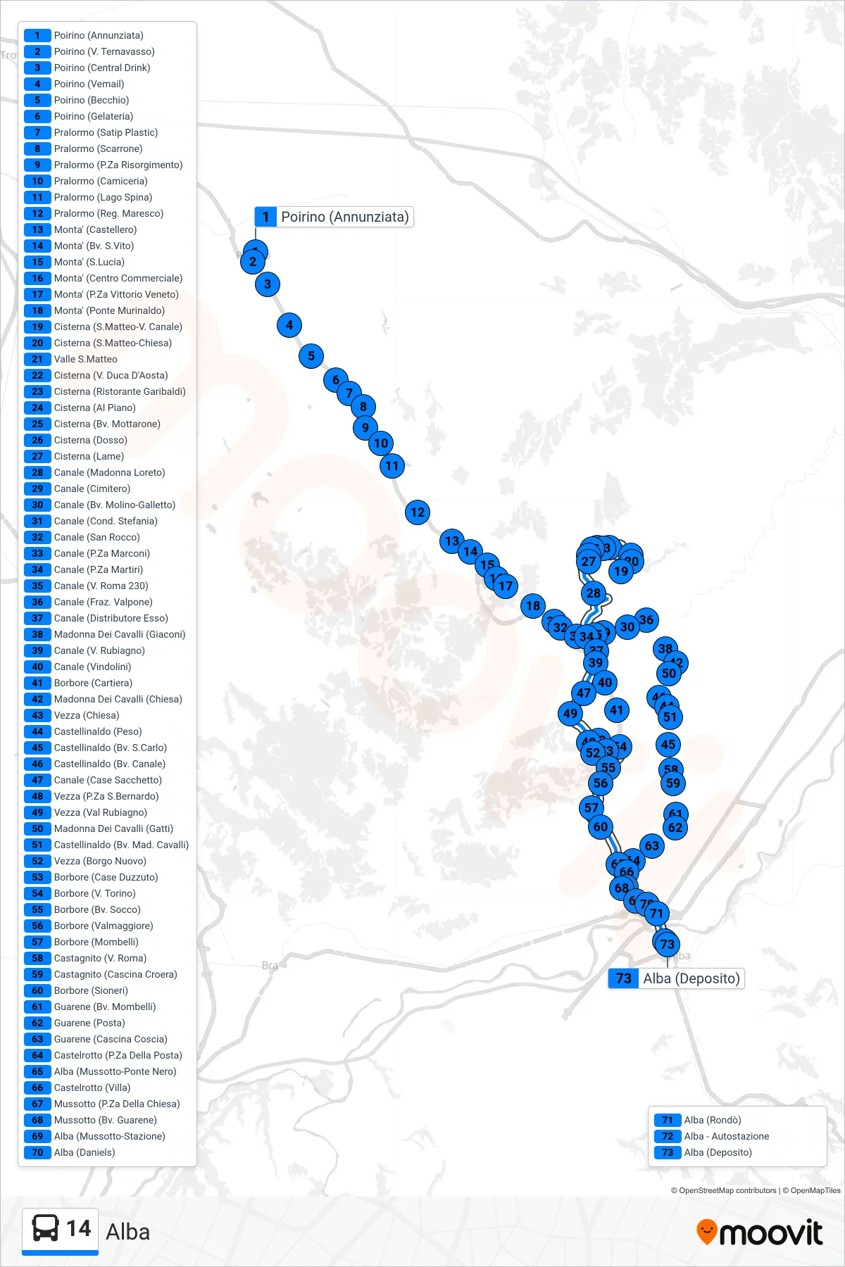 Linea 14  bus (Alba) - Percorsi e fermate sulla mappa