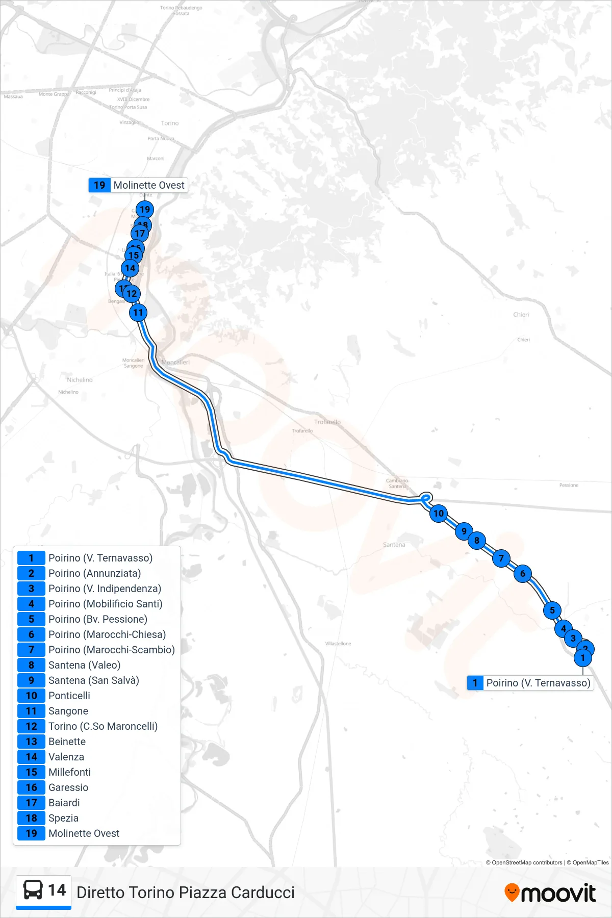 Linea 14 bus (Diretto Torino Piazza Carducci) - Percorsi e fermate sulla mappa