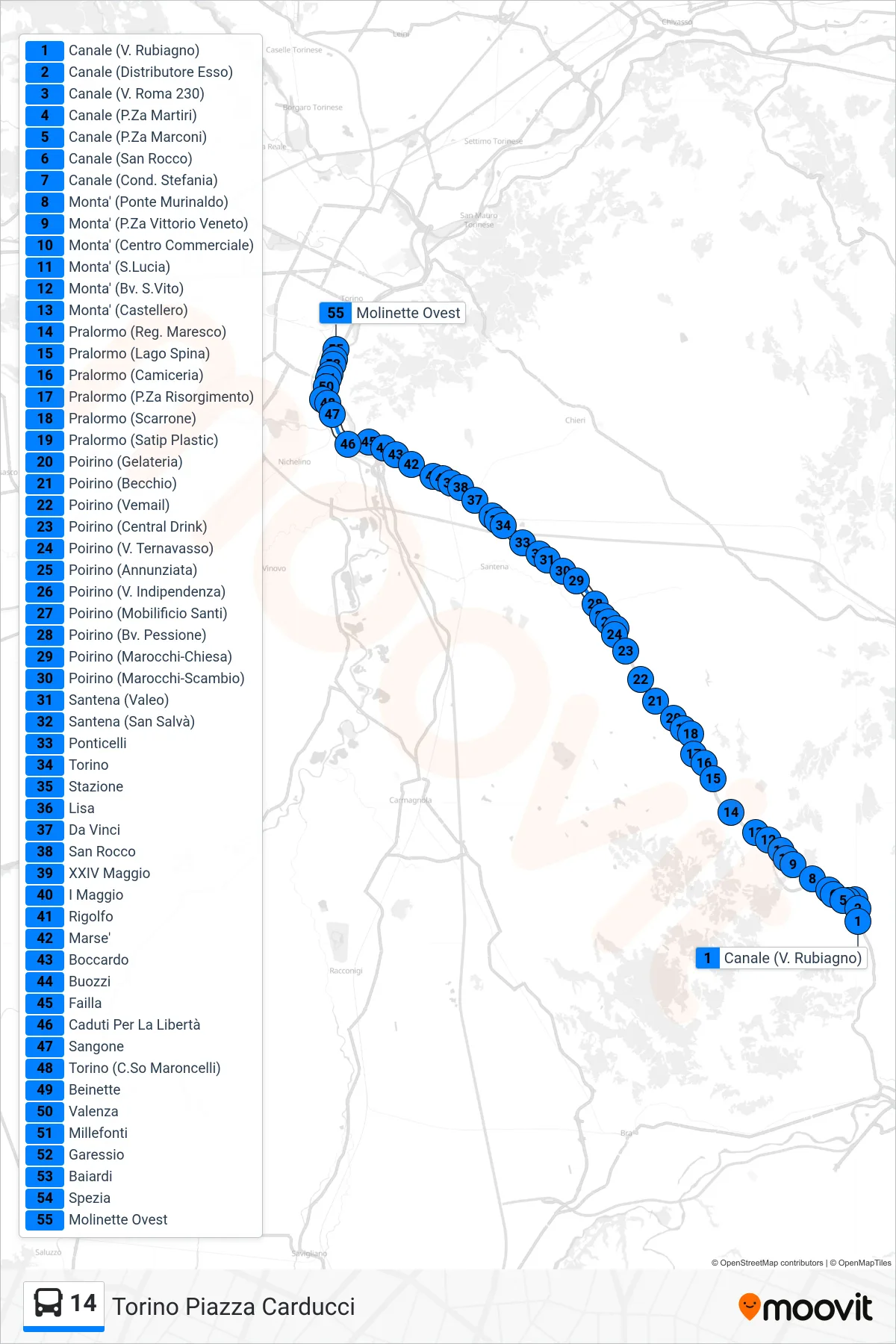 Linea 14 bus (Torino Piazza Carducci) - Percorsi e fermate sulla mappa