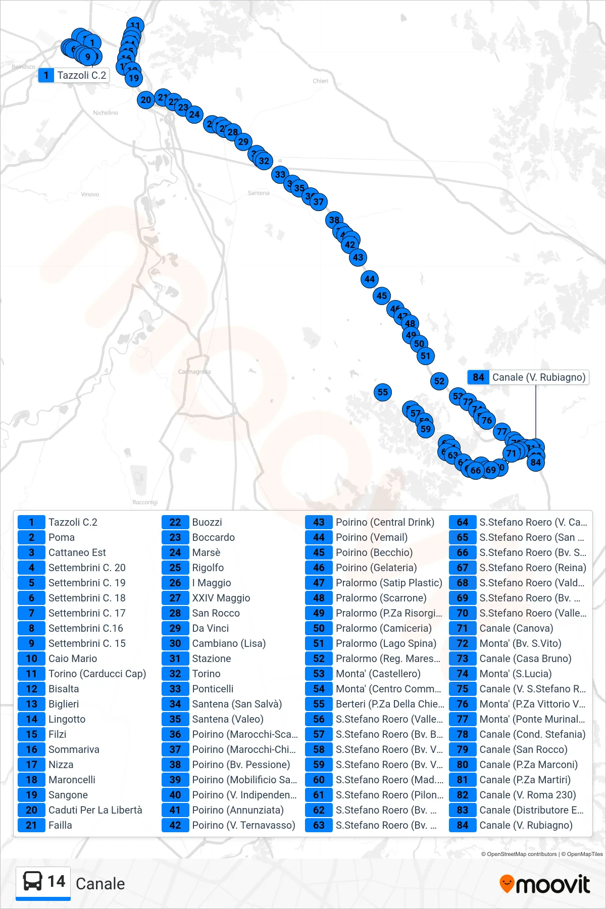 14 bus Line (Channel) route and stops on a map
