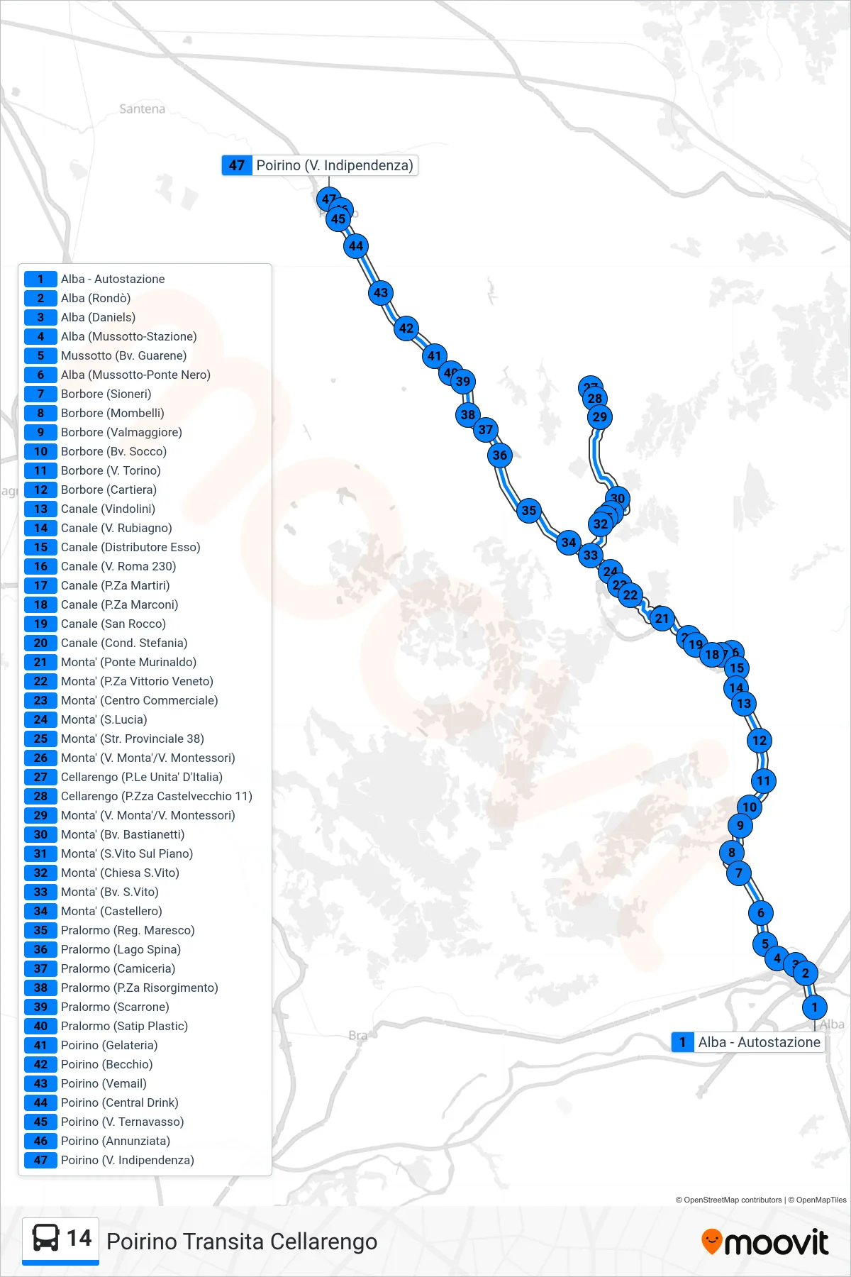 14 bus Line (Poirino via Cellarengo) route and stops on a map