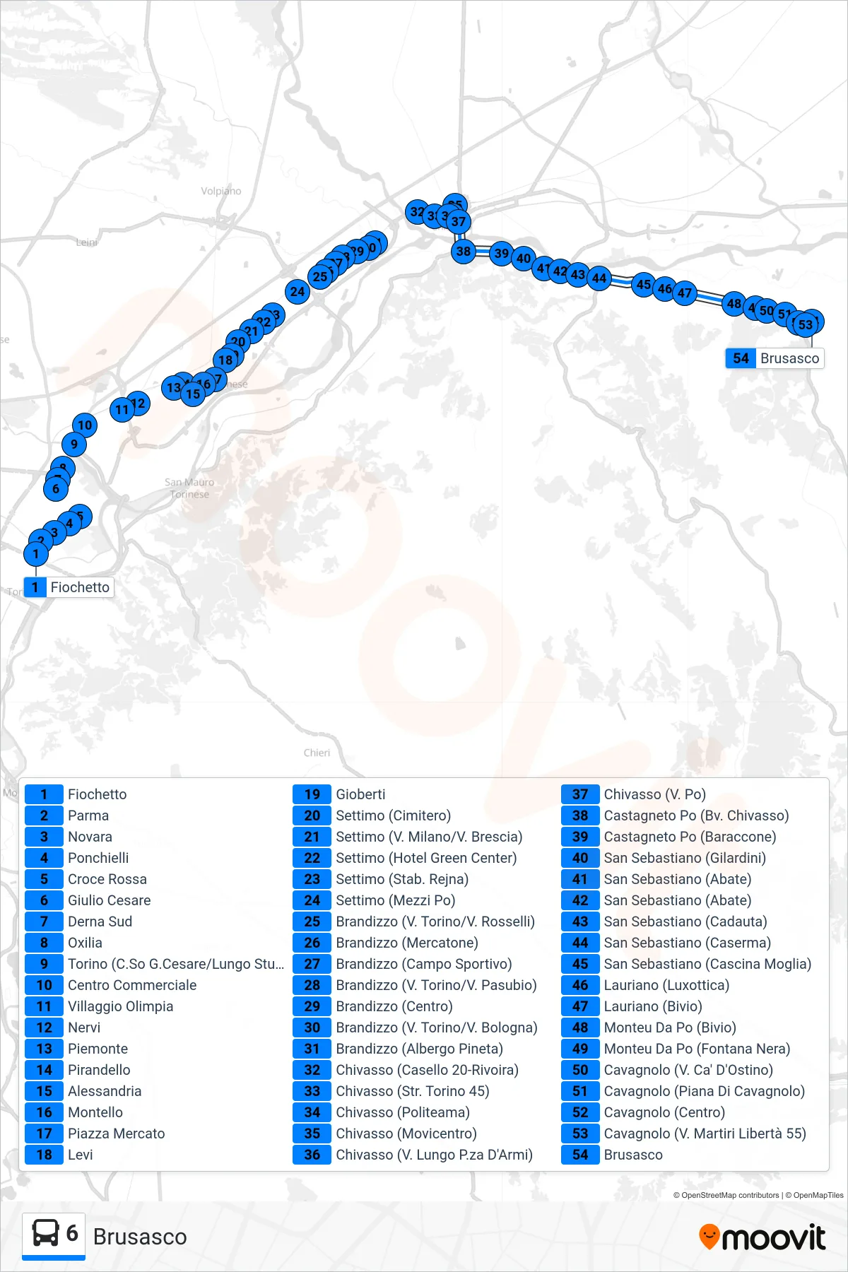 Linea 6 bus (Brusasco) - Percorsi e fermate sulla mappa