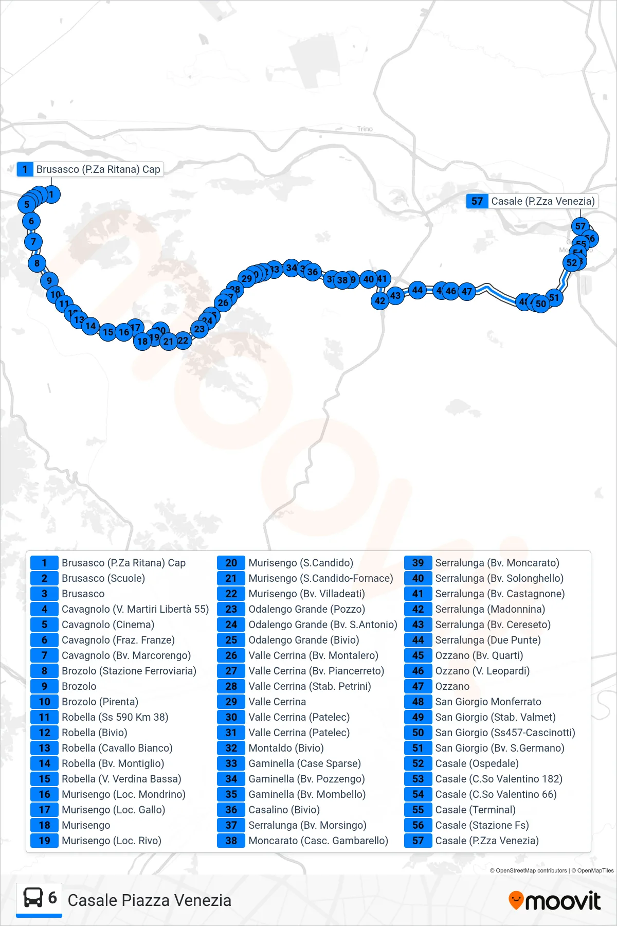 6 bus Line (Casale Venice Square) route and stops on a map