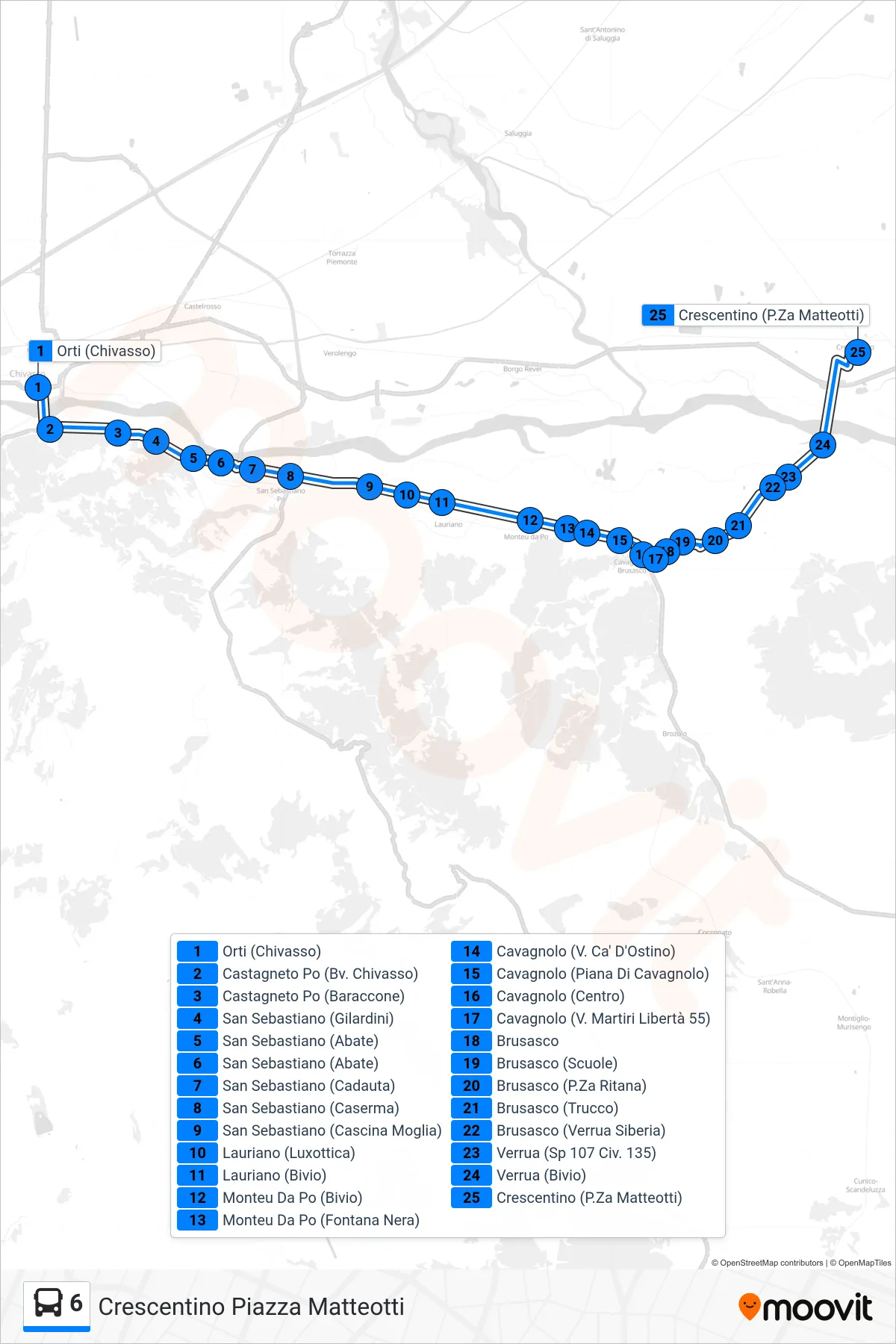 Linea 6  bus (Crescentino Piazza Matteotti) - Percorsi e fermate sulla mappa
