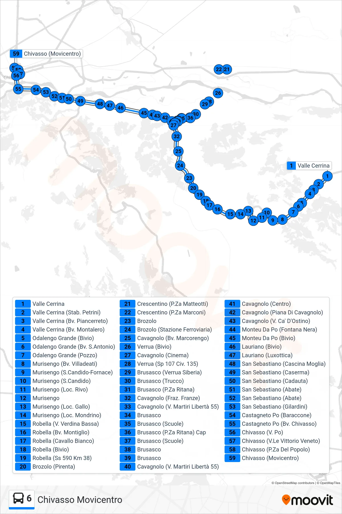 Linea 6 bus (Chivasso Movicentro) - Percorsi e fermate sulla mappa