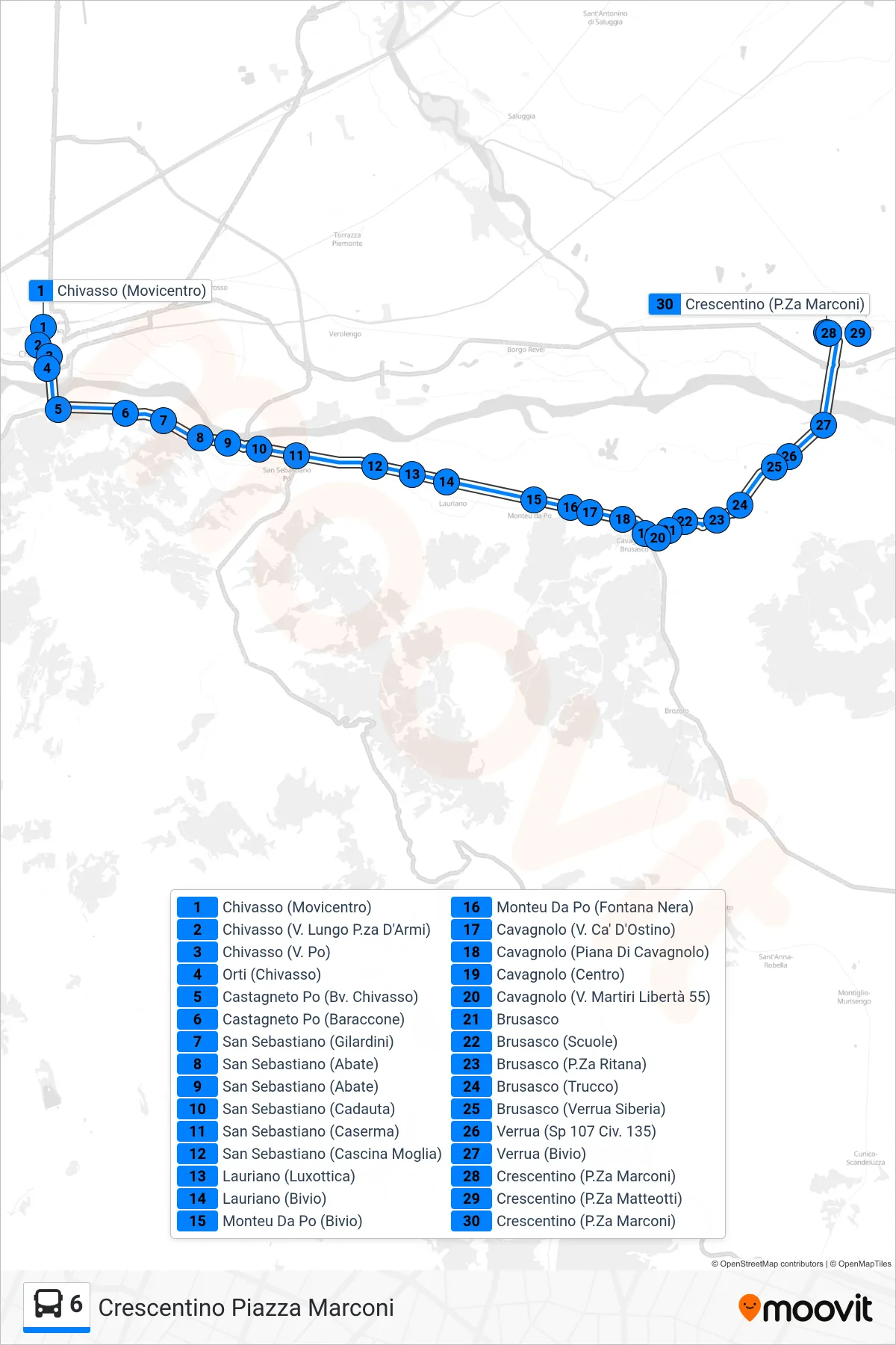 Linea 6  bus (Crescentino Piazza Marconi) - Percorsi e fermate sulla mappa