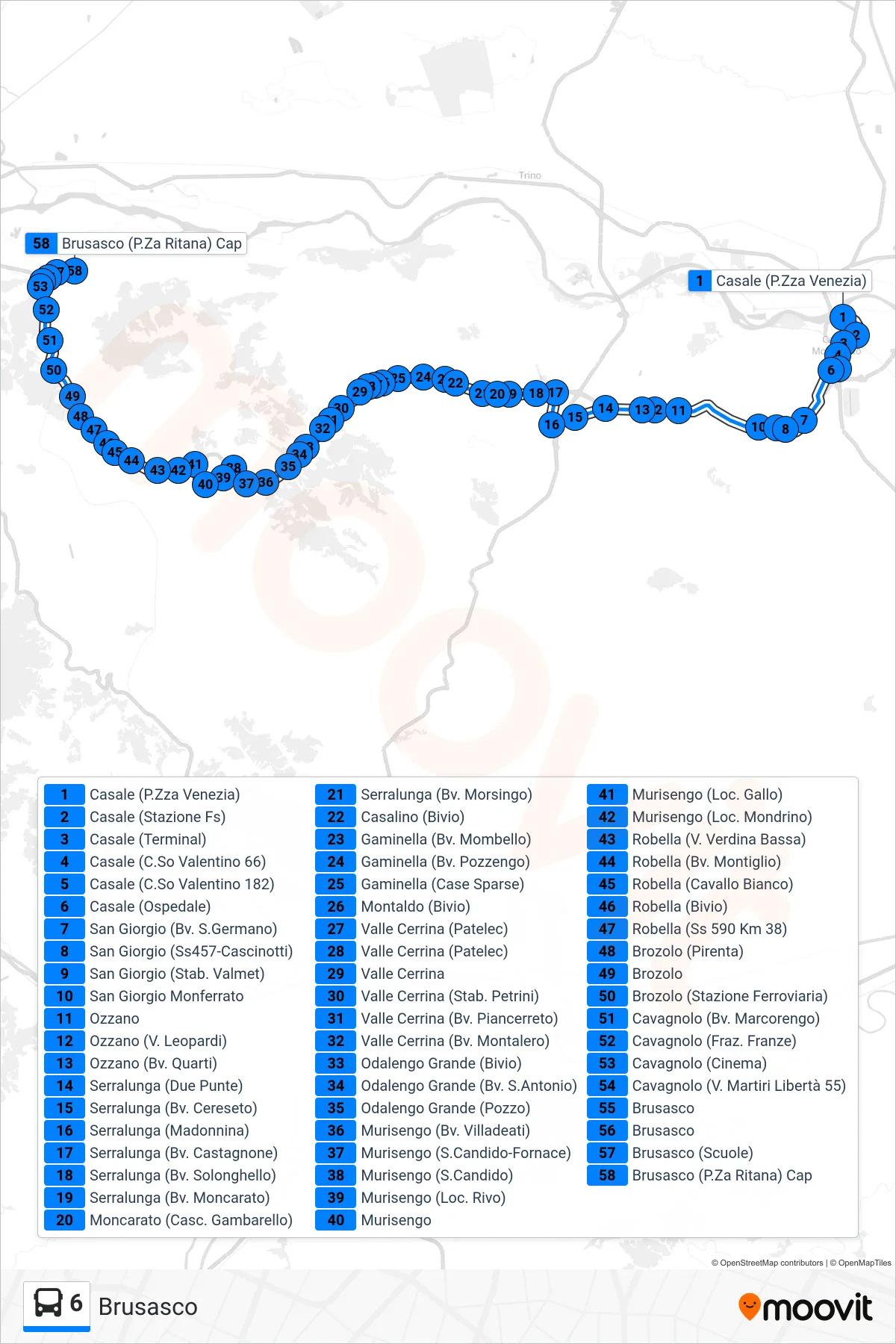 Linea 6  bus (Brusasco) - Percorsi e fermate sulla mappa