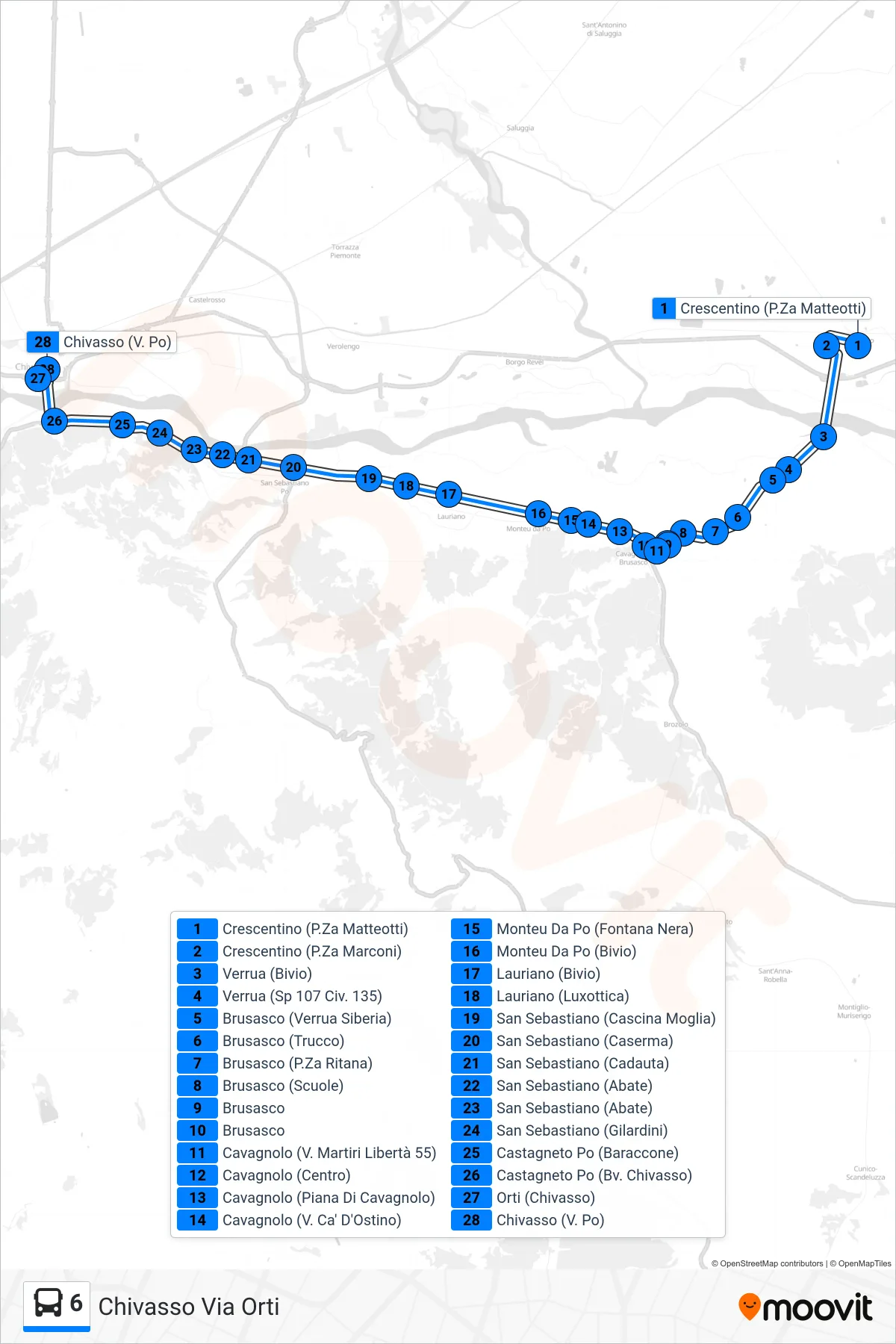 Linea 6 bus (Chivasso Via Orti) - Percorsi e fermate sulla mappa