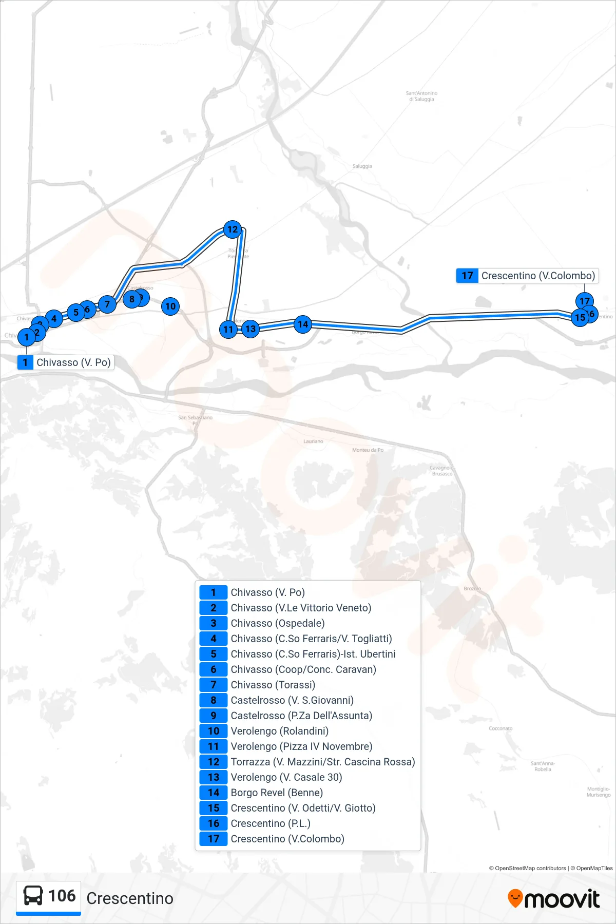 Linea 106 bus (Crescentino) - Percorsi e fermate sulla mappa