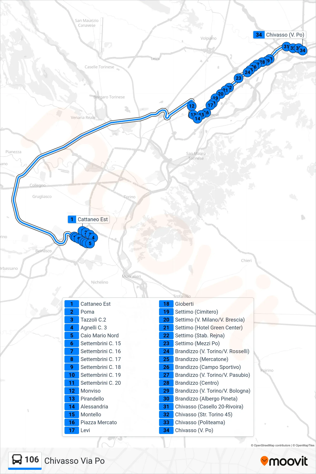 Linea 106 bus (Chivasso Via Po) - Percorsi e fermate sulla mappa