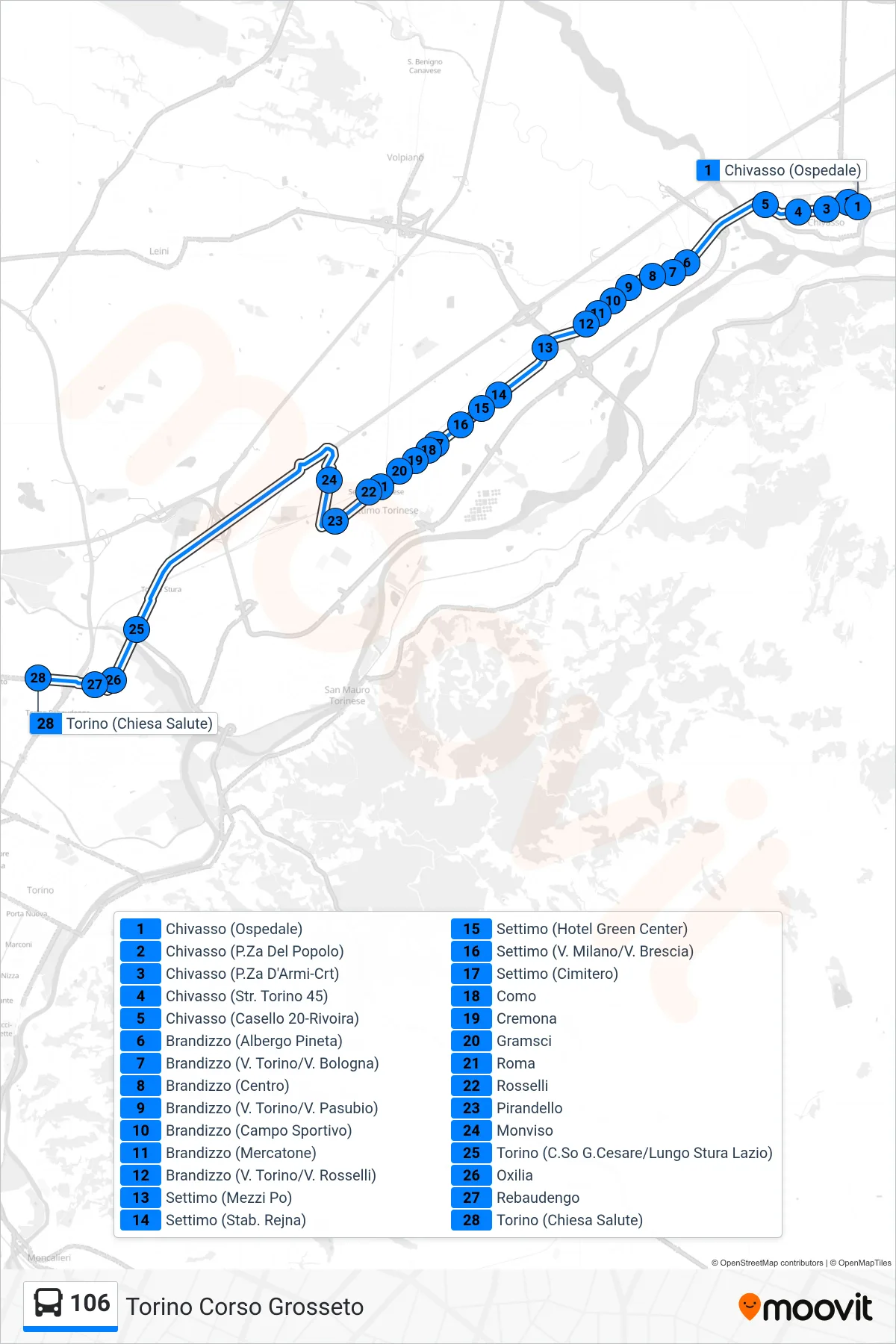 Linea 106 bus (Torino Corso Grosseto) - Percorsi e fermate sulla mappa