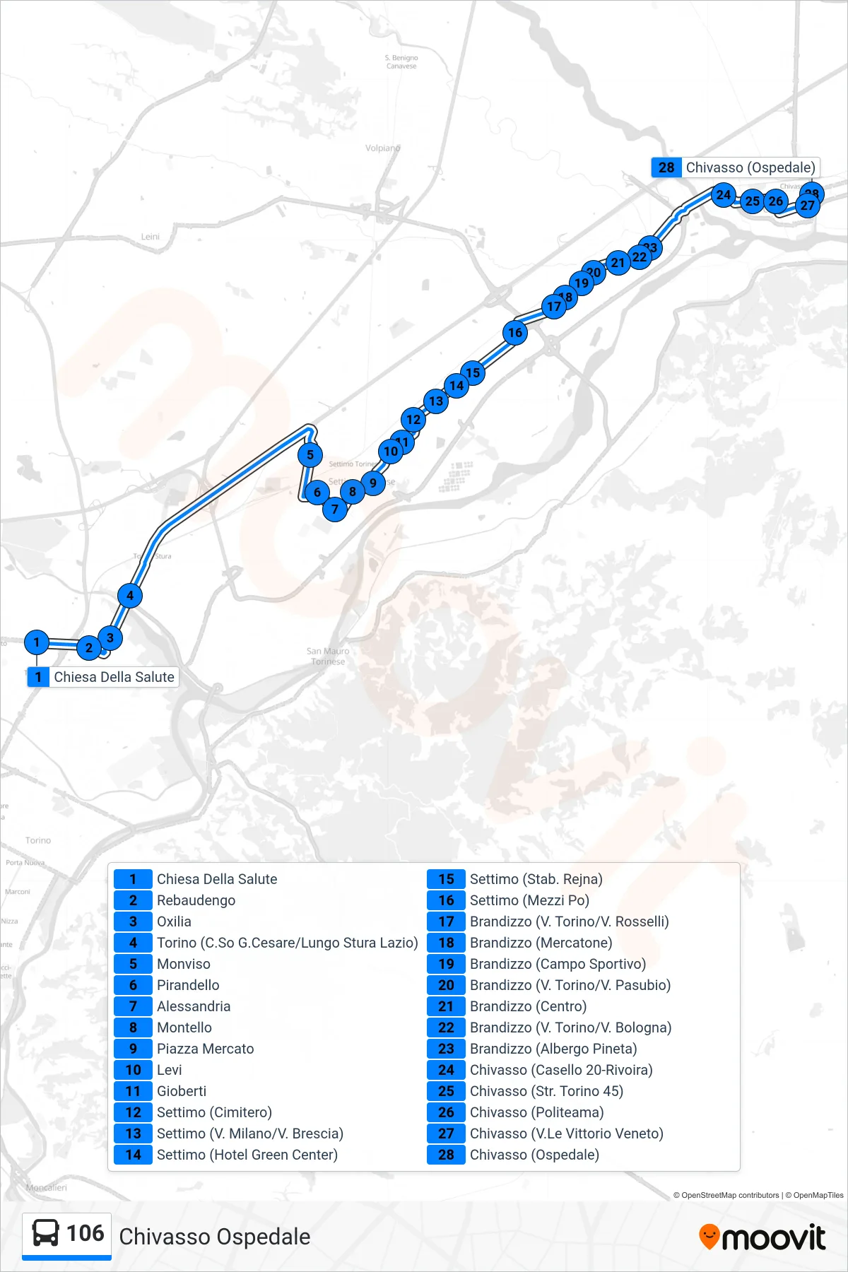 Linea 106  bus (Chivasso Ospedale) - Percorsi e fermate sulla mappa
