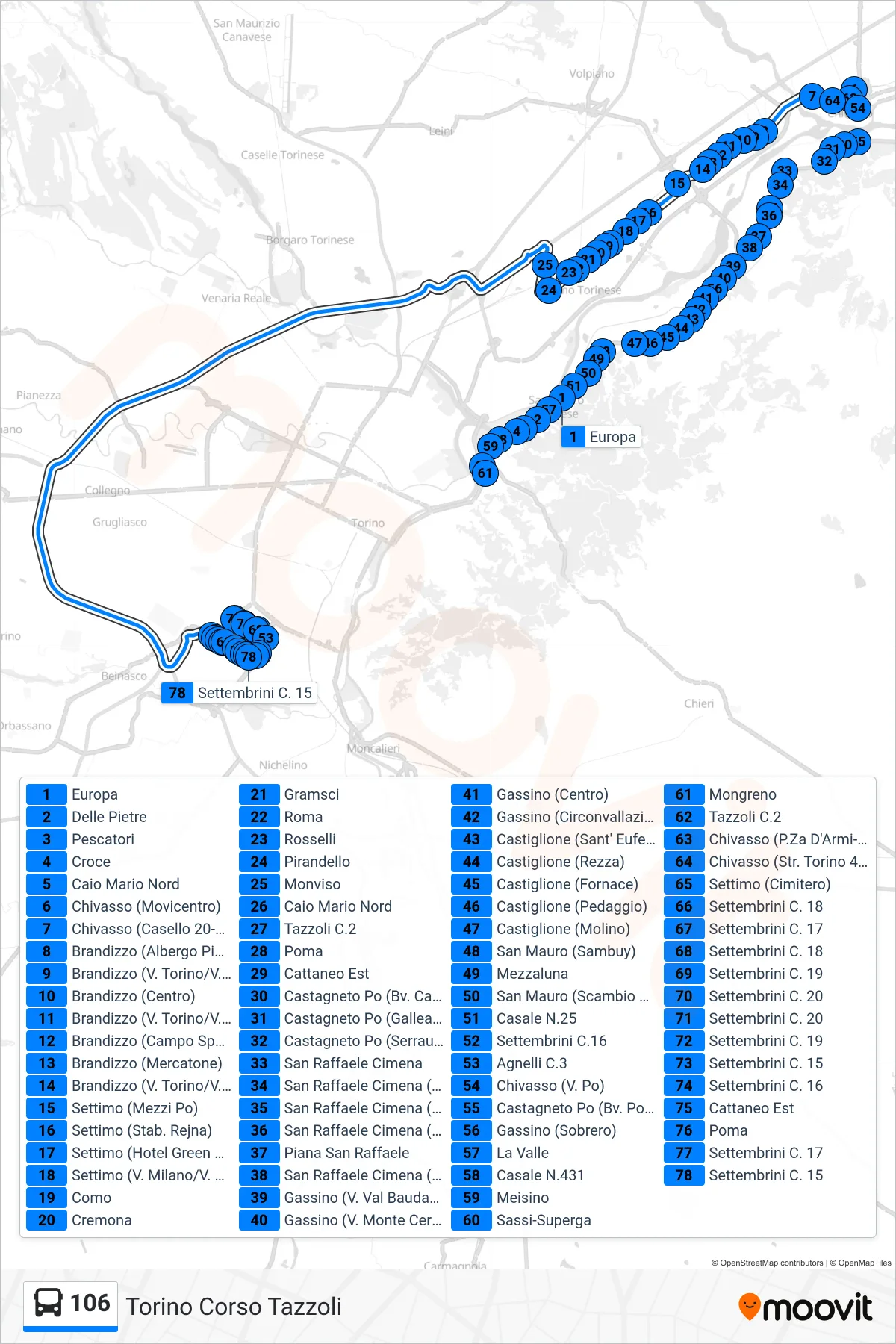 Linea 106  bus (Torino Corso Tazzoli) - Percorsi e fermate sulla mappa