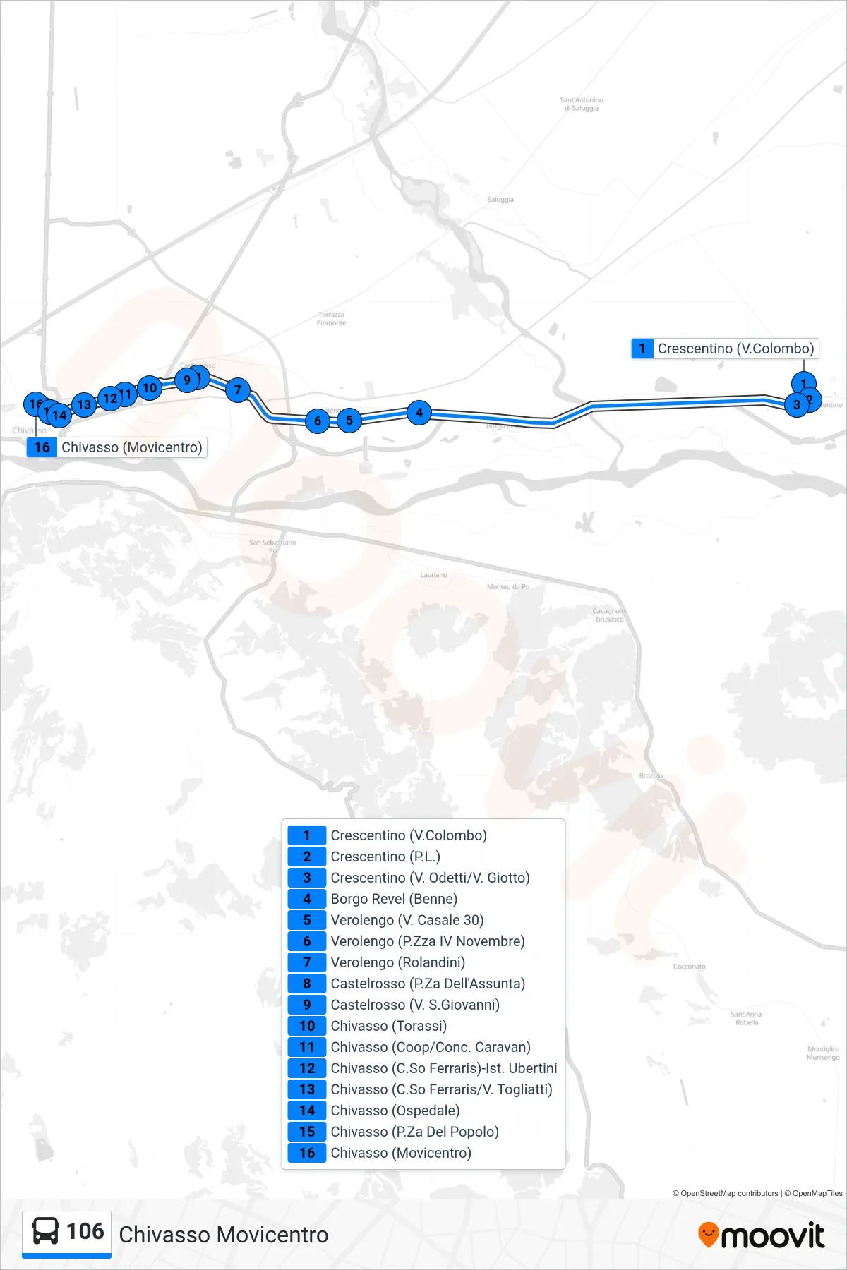 Linea 106 bus (Chivasso Movicentro) - Percorsi e fermate sulla mappa