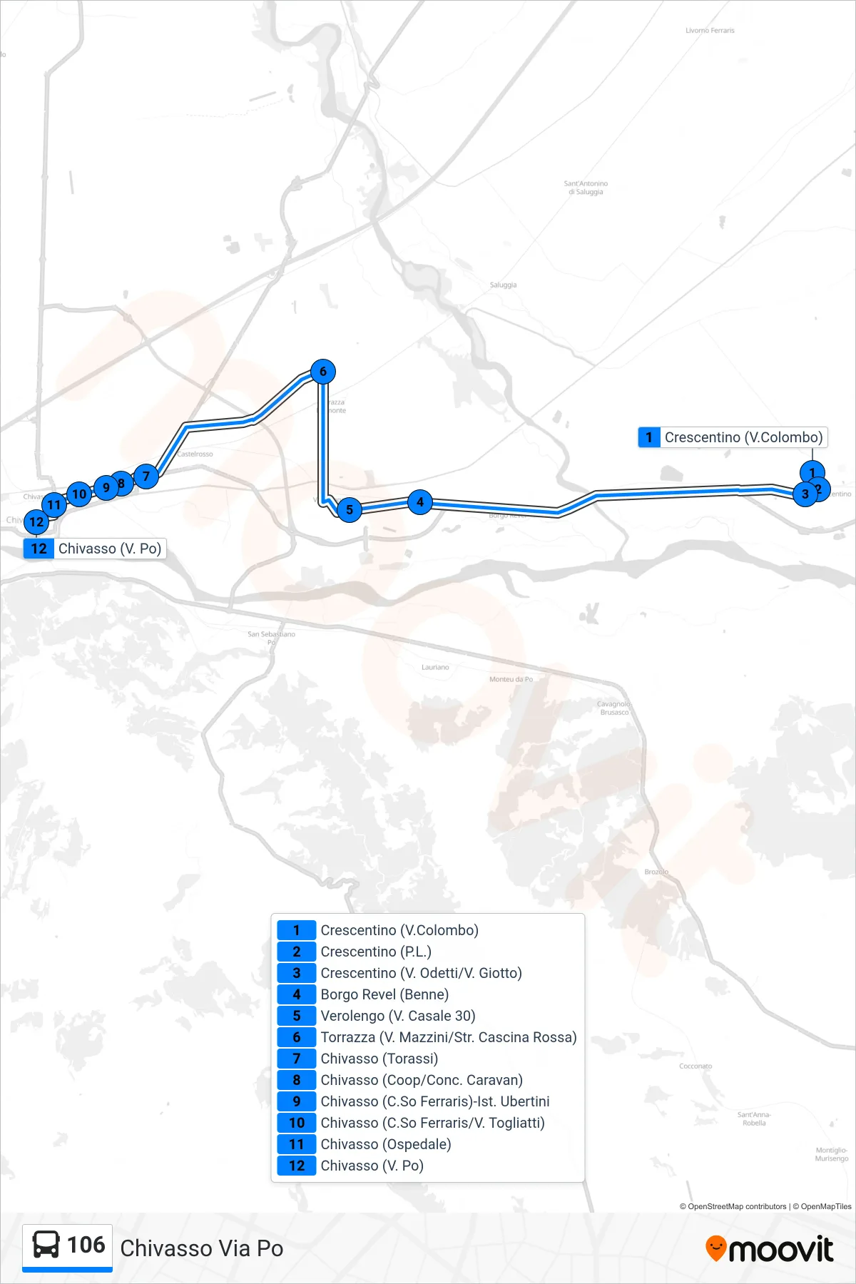 Linea 106 bus (Chivasso Via Po) - Percorsi e fermate sulla mappa