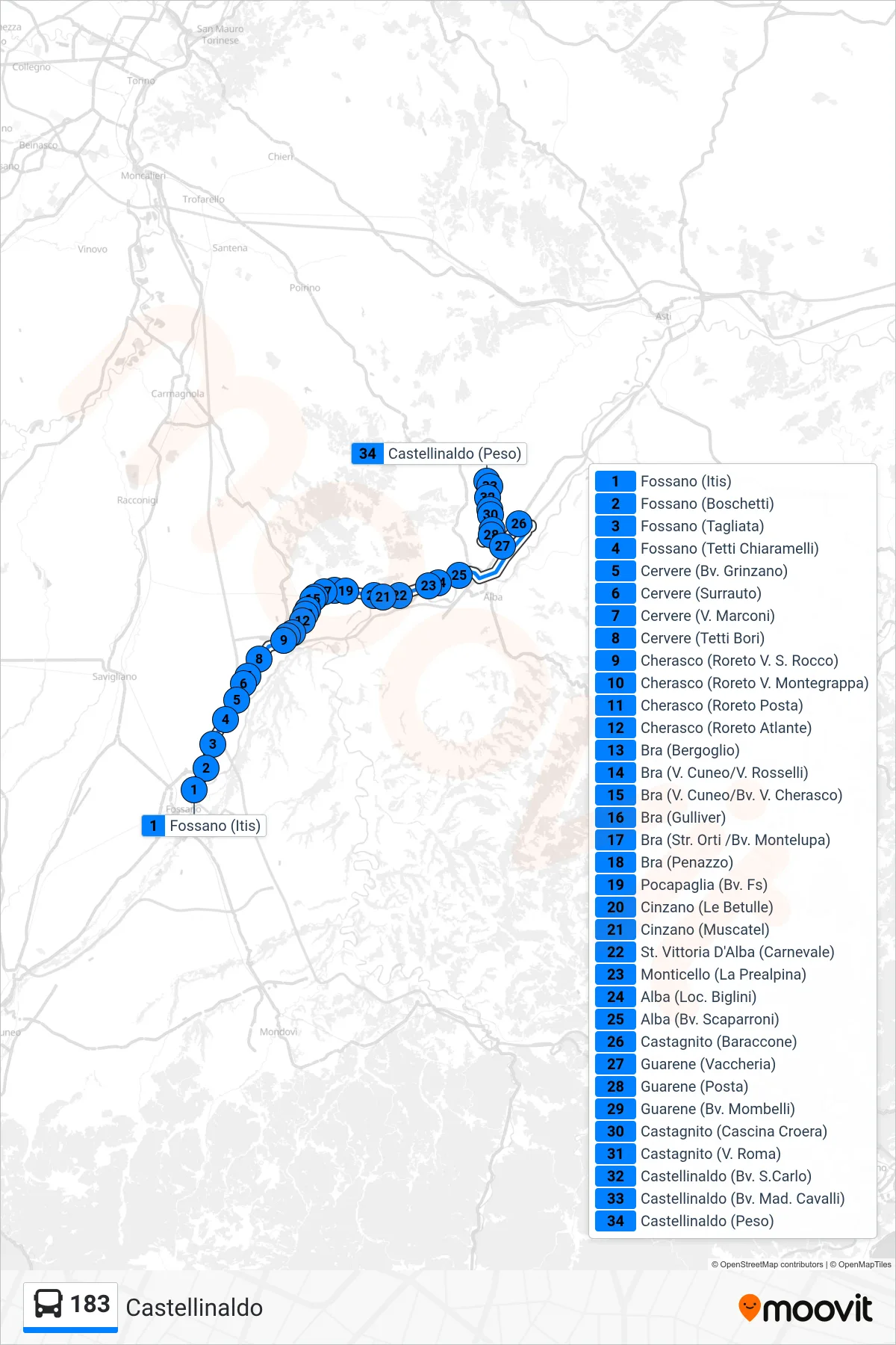 Linea 183 bus (Castellinaldo) - Percorsi e fermate sulla mappa