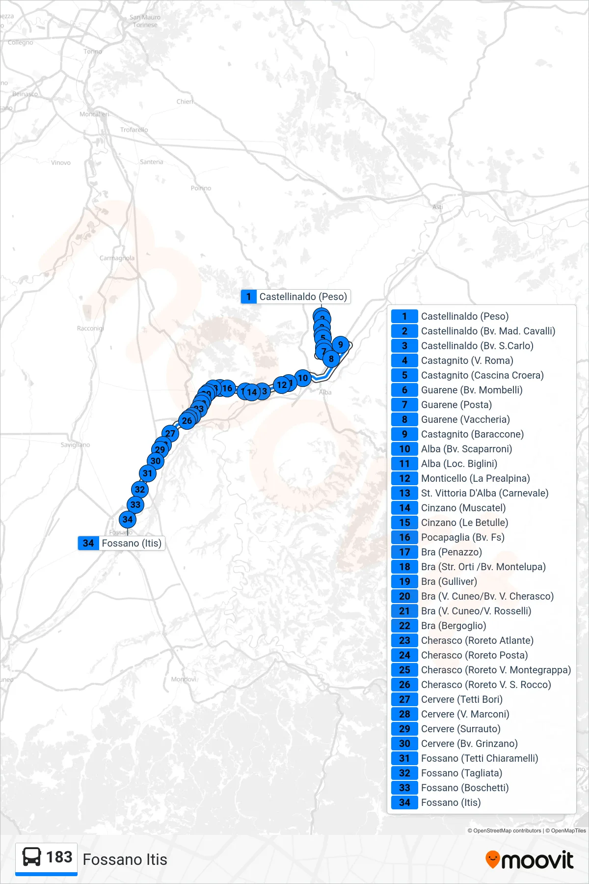 Linea 183 bus (Fossano Itis) - Percorsi e fermate sulla mappa